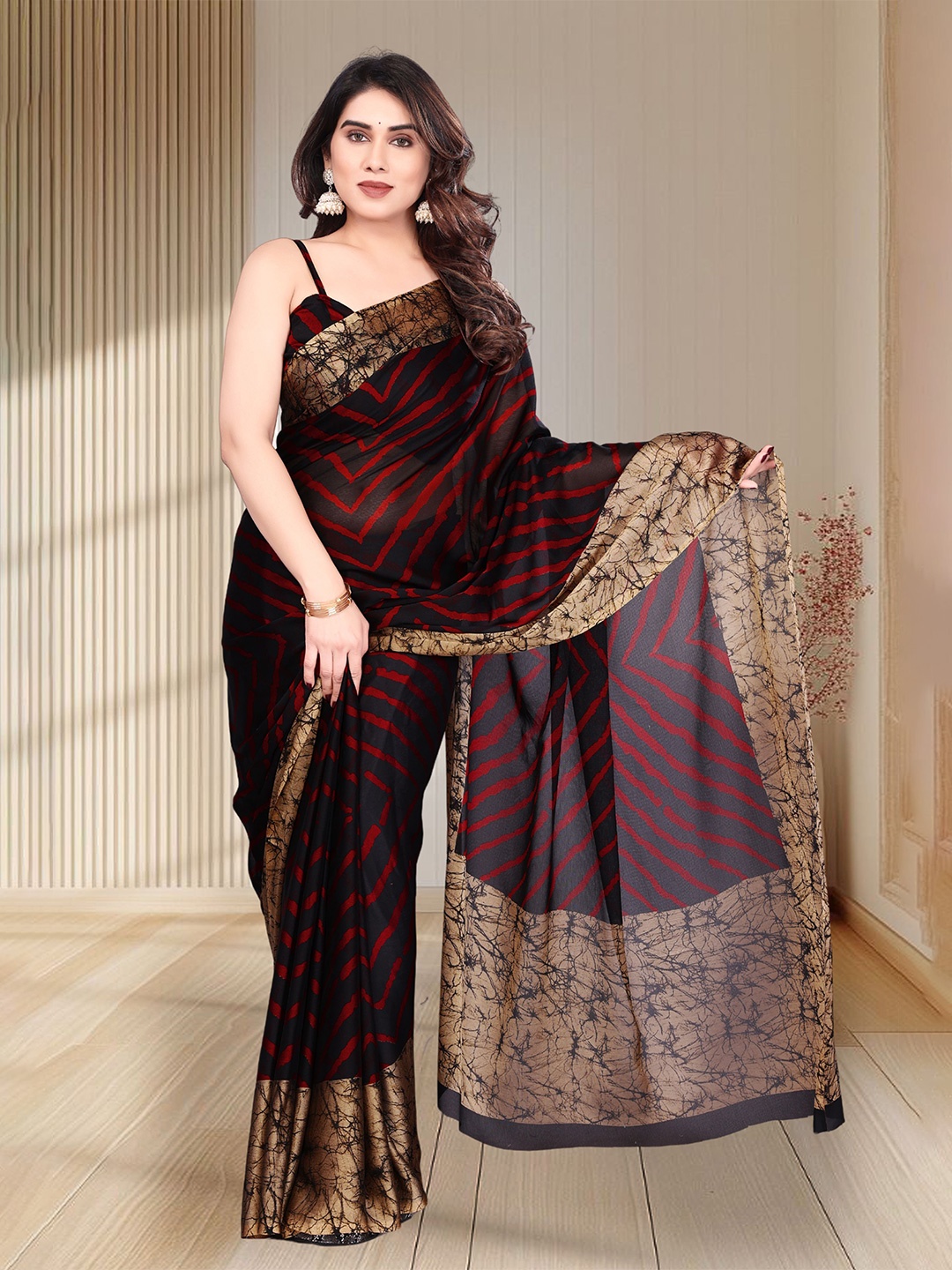 

SUPERLAXMI Leheriya Pure Chiffon Leheriya Saree, Black