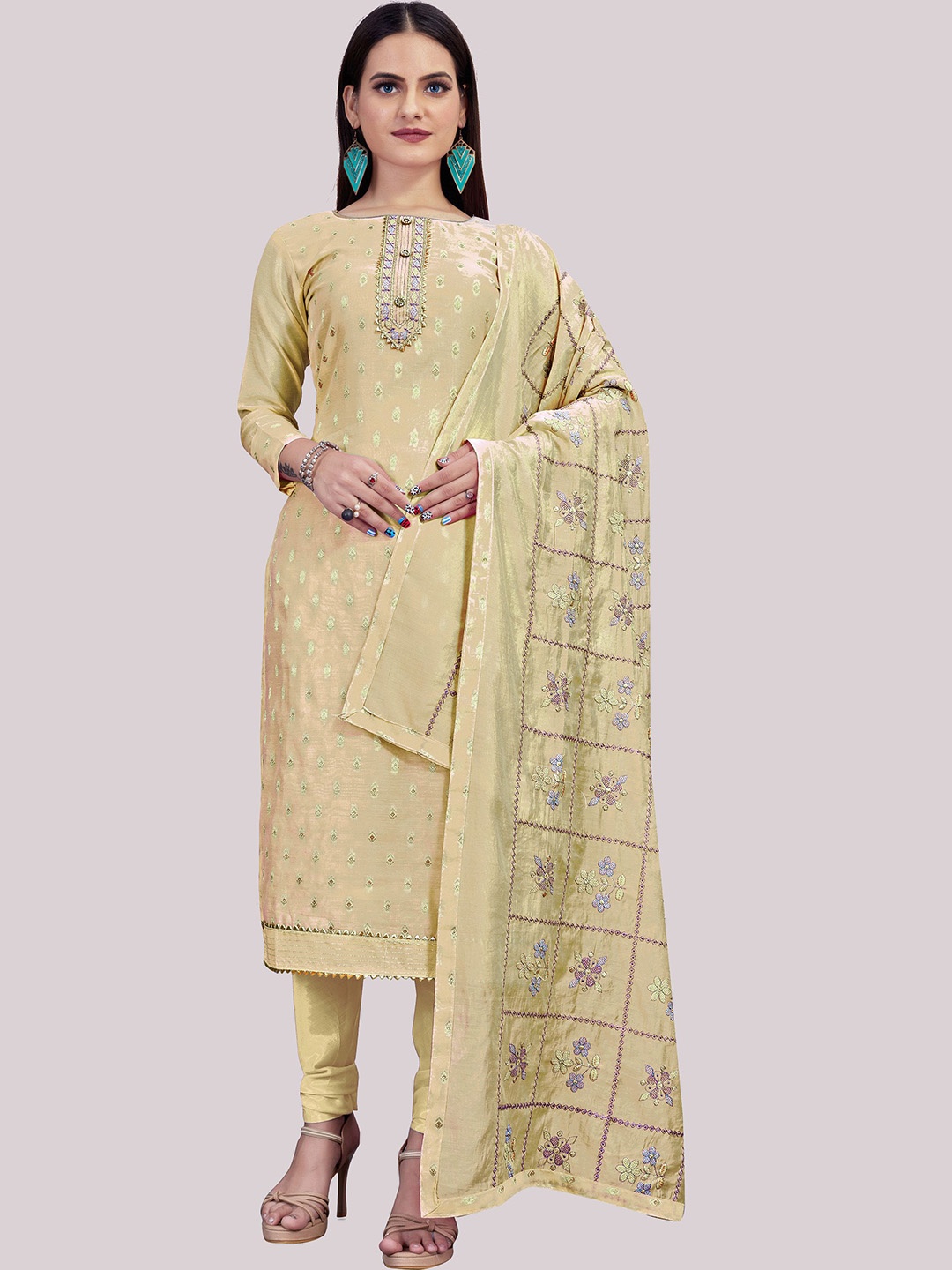 

HERE&NOW Floral Embroidered Sequinned Banarasi Jacquard Unstitched Dress Material, Beige