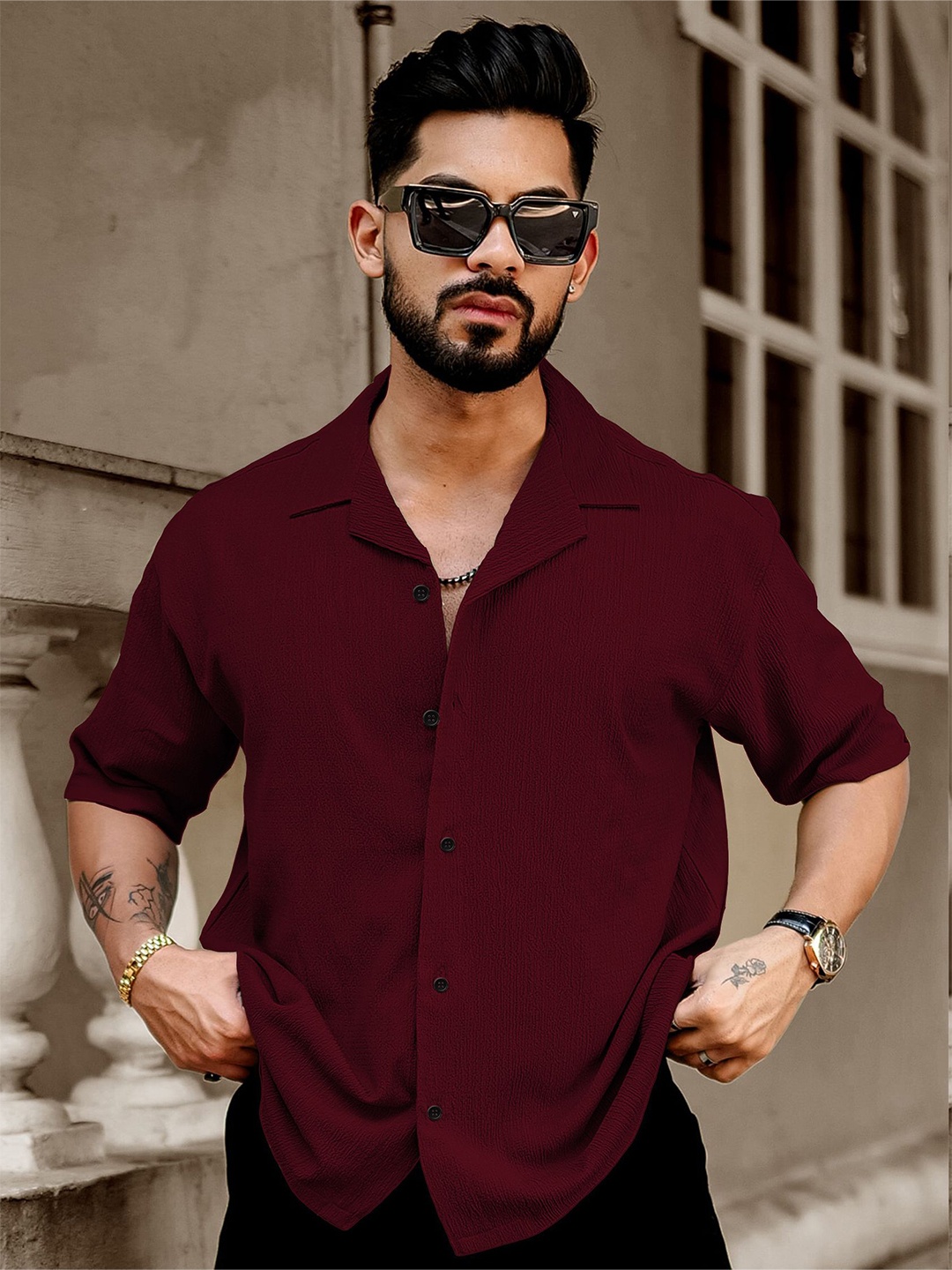 

Metronaut Men Regular Fit Cuban Collar Textured Casual Shirt, Maroon