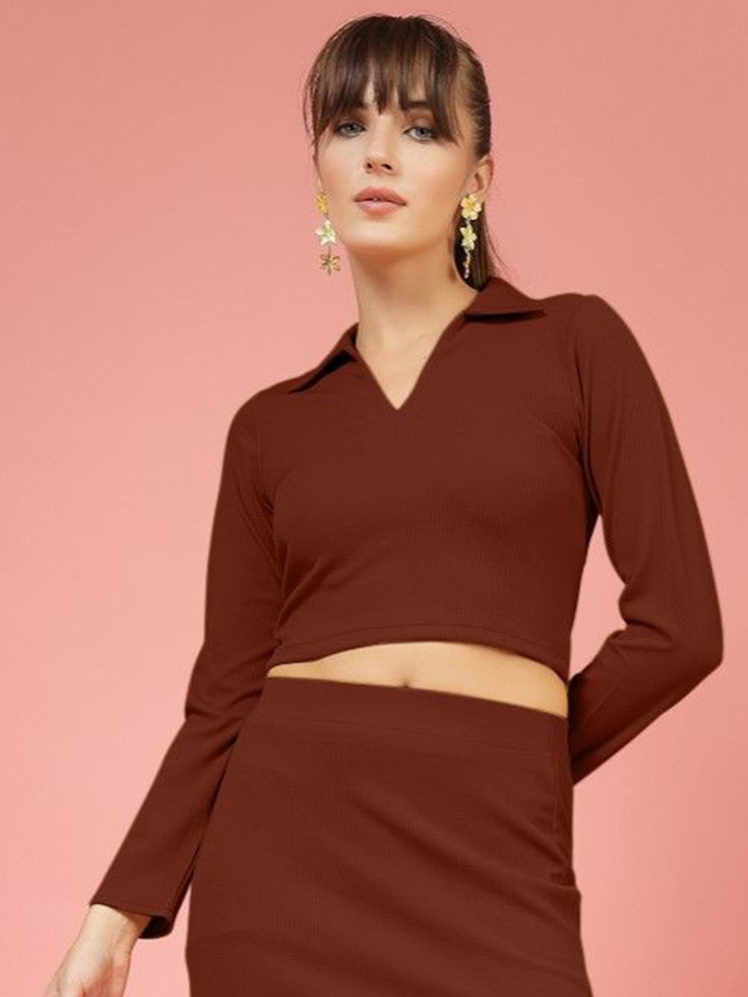 

DressBerry Shirt Style Solid Crop Top, Brown