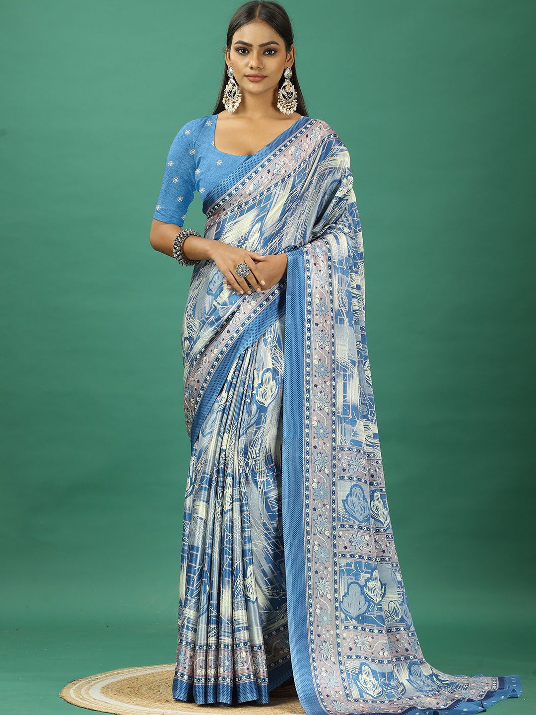 

VIRENDRA TEXTILES Ethnic Motifs Printed Pure Crepe Saree, Blue