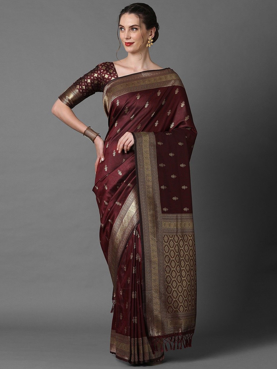 

yourwish Ethnic Motifs Woven Design Zari Pure Silk Banarasi Saree, Brown