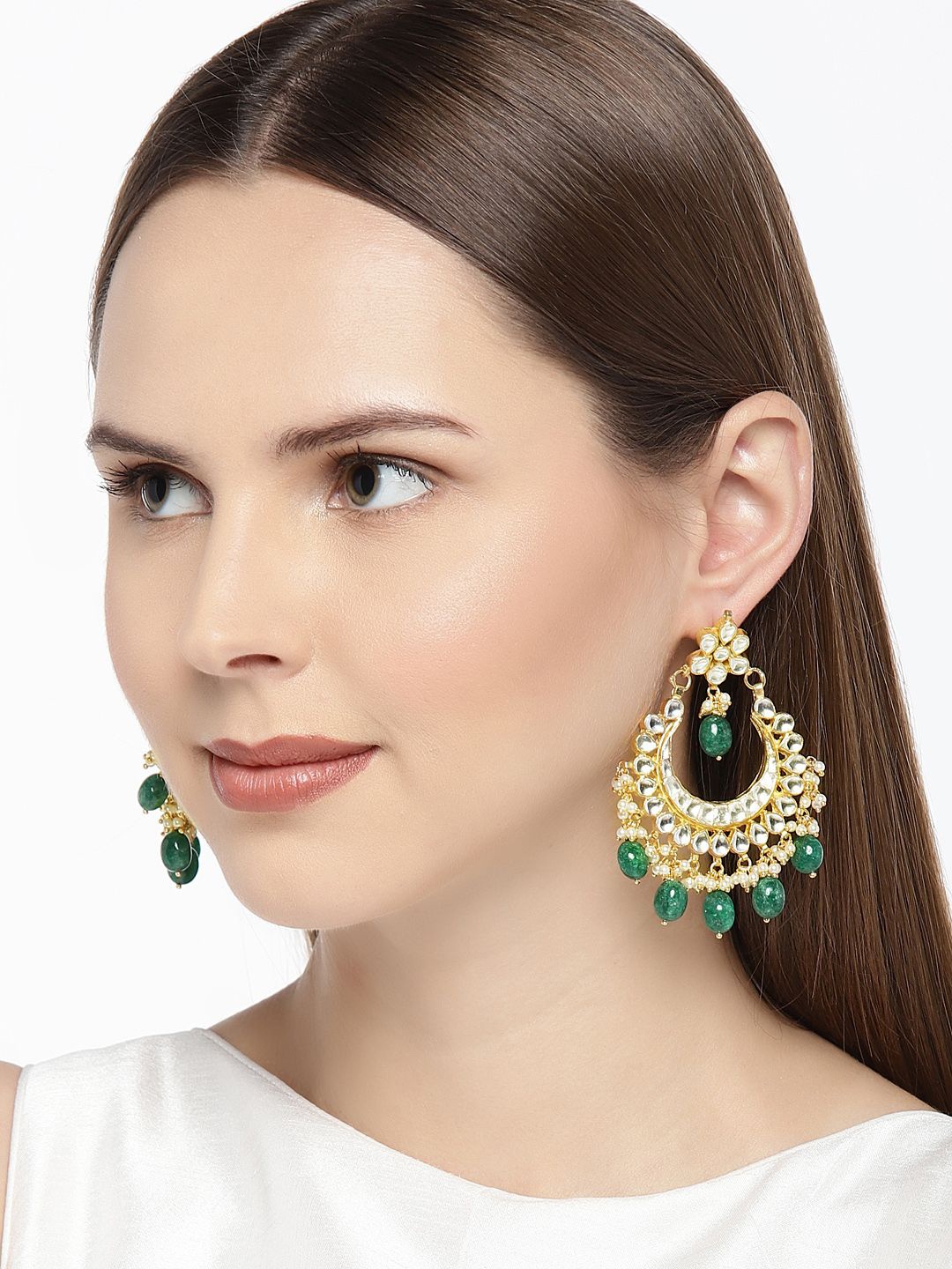 

House of Pataudi Gold-Plated Kundan Studded & Beaded Crescent Shaped Chandbali
