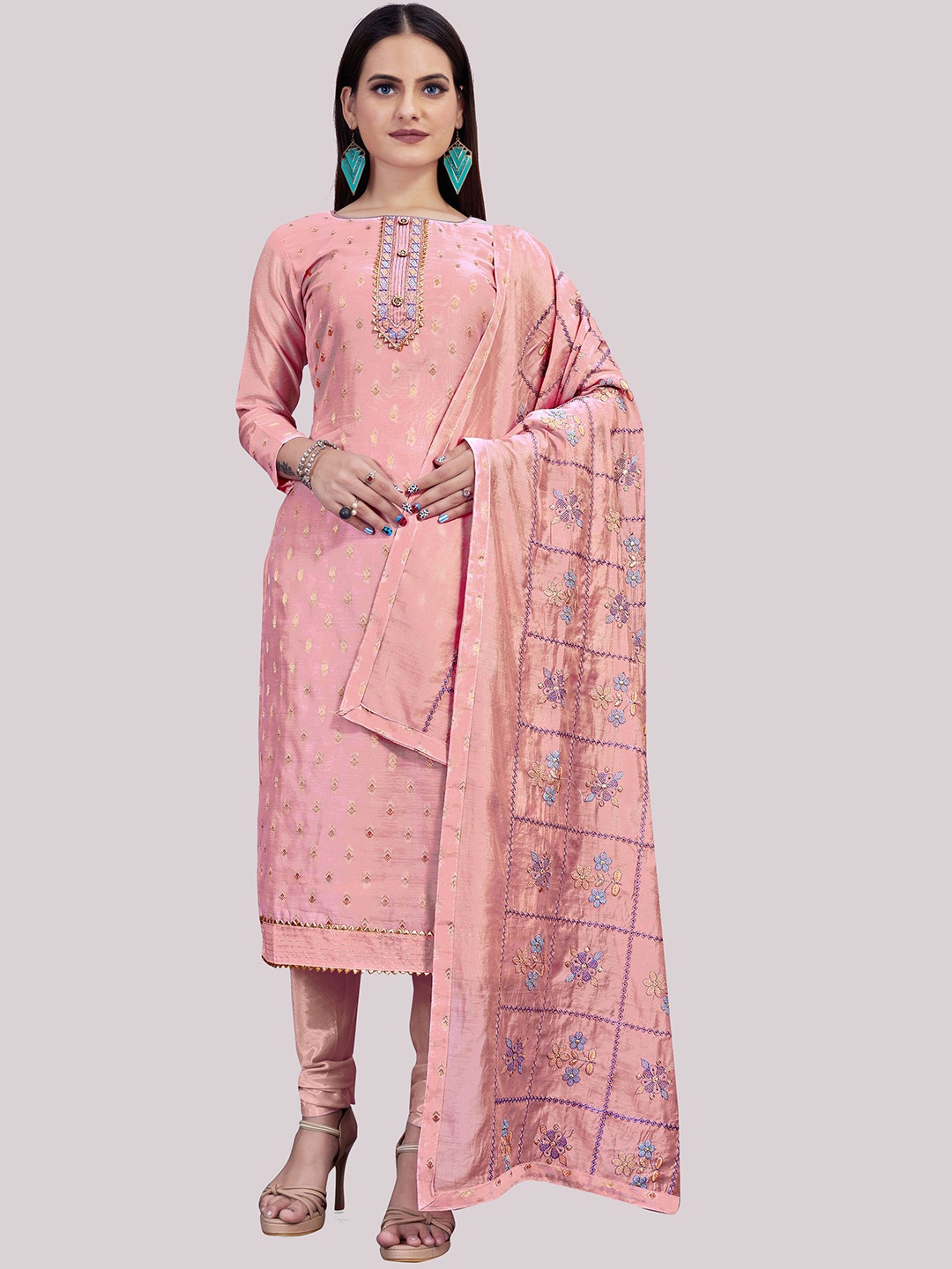 

HERE&NOW Geometric Woven Design Jacquard Unstitched Dress Material, Pink