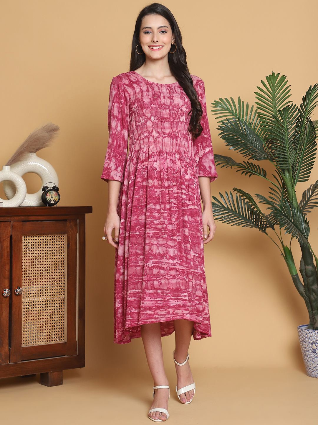 

KALINI Women Print Round Neck A-Line Maxi Dress, Pink