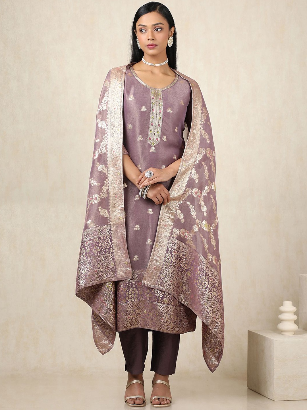 

Soch Ethnic Motifs Woven Design Kurta With Trousers & Dupatta, Purple