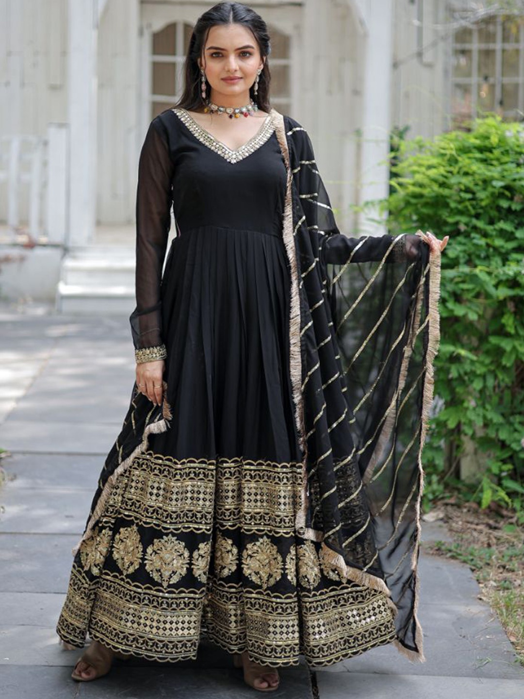 

ZIBLON Embroidered Pure Soft Georgette Maxi Gown Ethnic Dress With Dupatta, Black