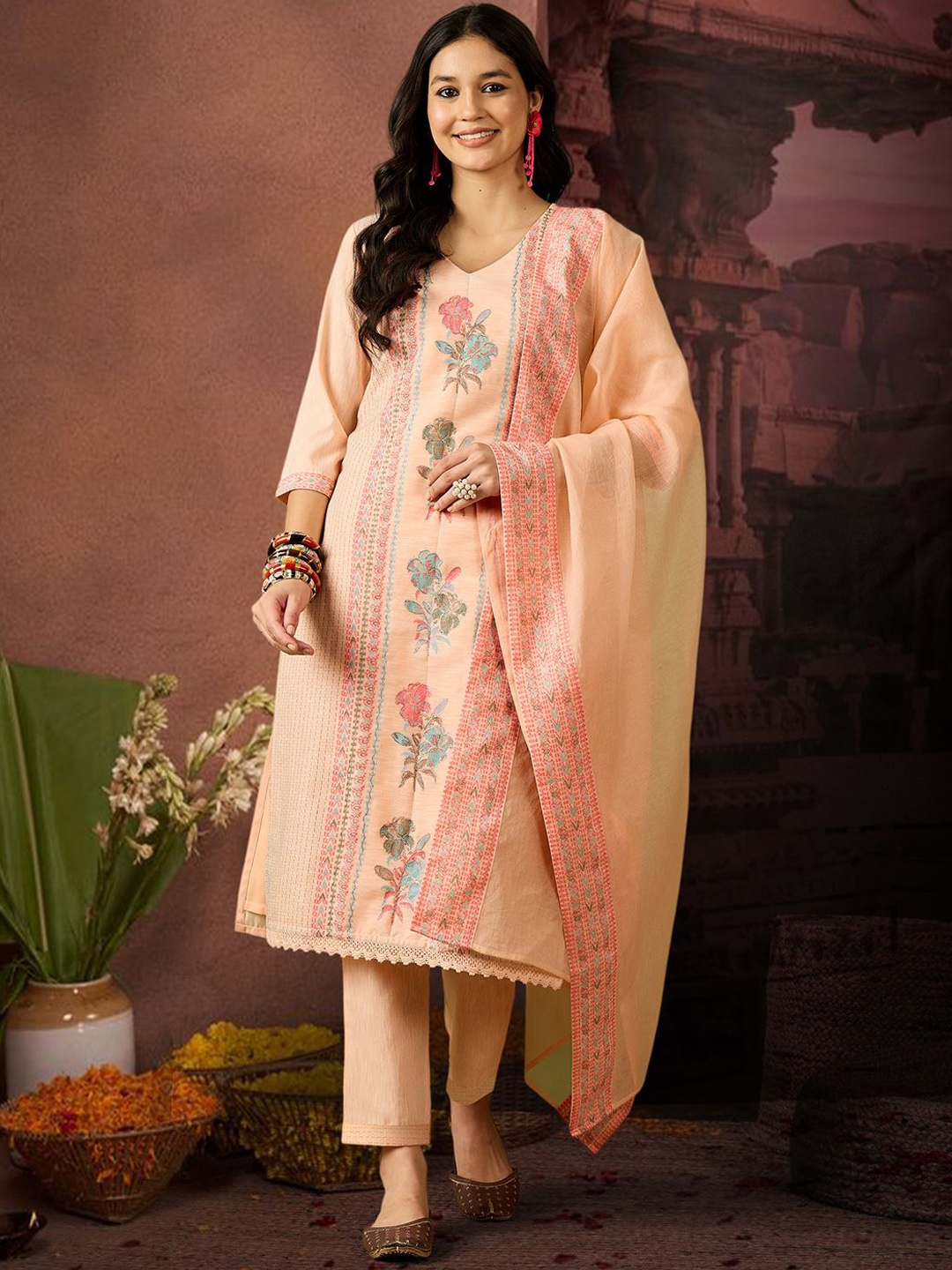 

Anouk Floral Woven Design V-Neck Jacquard Straight Kurta With Trousers & Dupatta, Peach