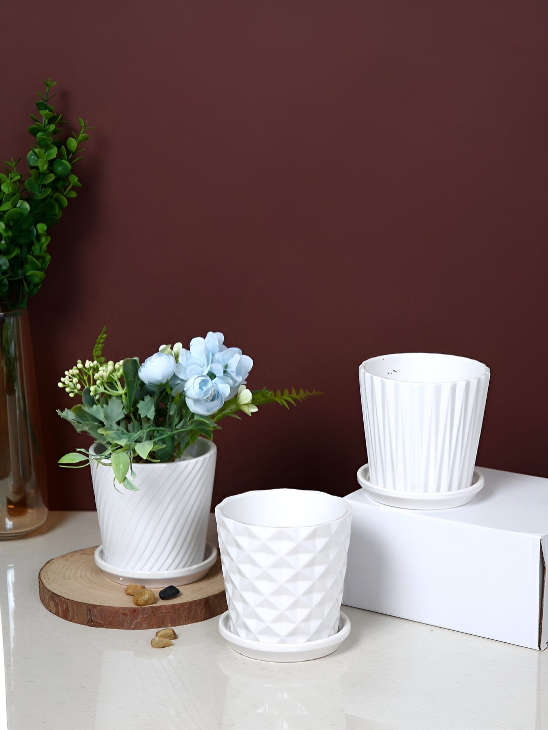 

TAYHAA White 3 Pieces Textured Ceramic Planters