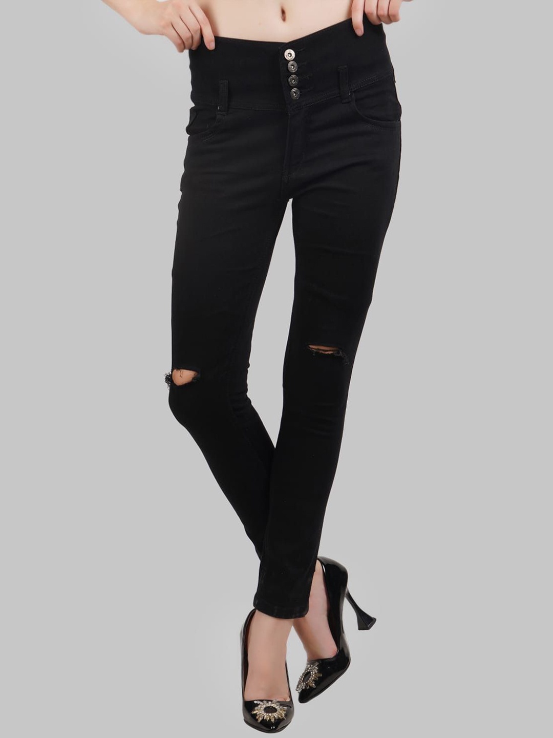 

LINARIA Women Classic Tapered Fit Slash Knee Jeans, Black