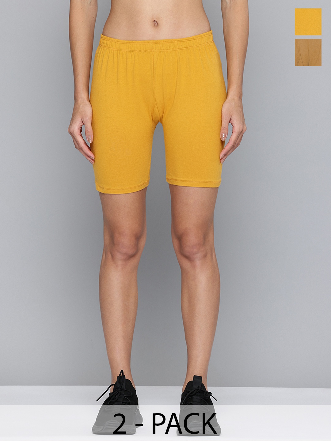 

Jinfo Women Pack Of 2 Skinny Fit Cycling Sports Shorts, Mustard