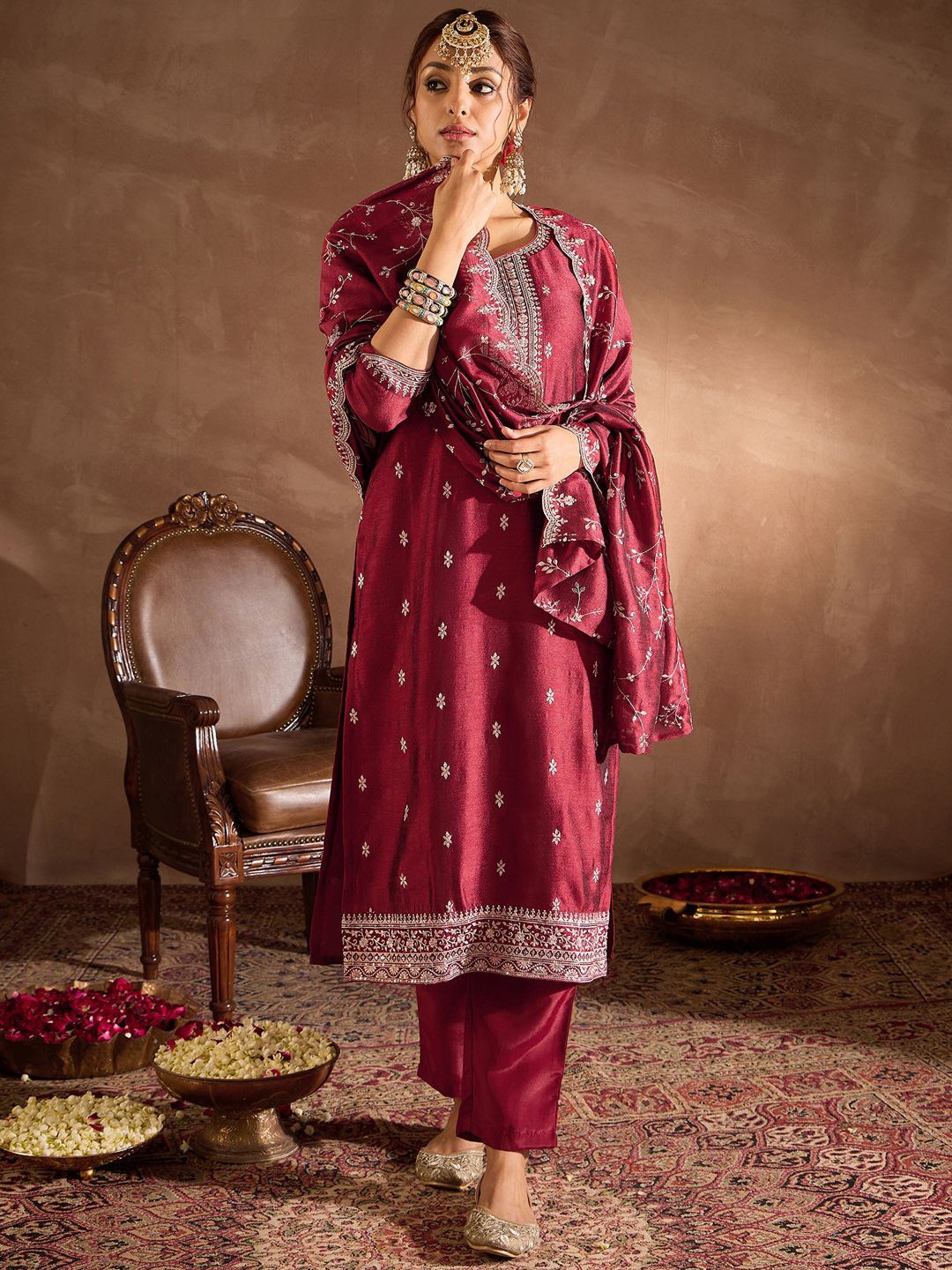 

Indo Era Floral Embroidered Sequinned Round Neck Straight Kurta With Trouser & Dupatta, Maroon