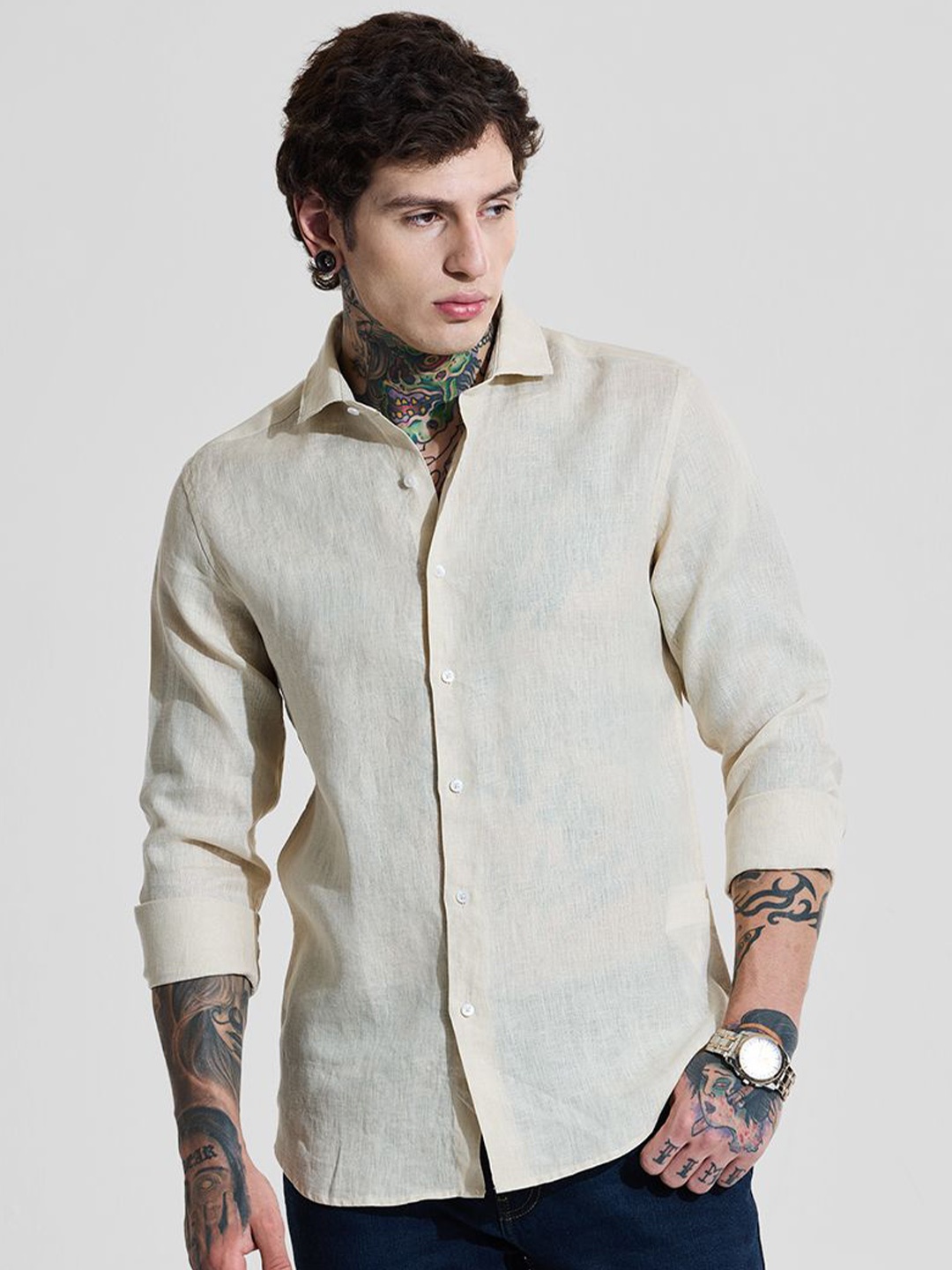 

Snitch Men Classic Slim Fit Spread Collar Textured Linen Casual Shirt, Beige