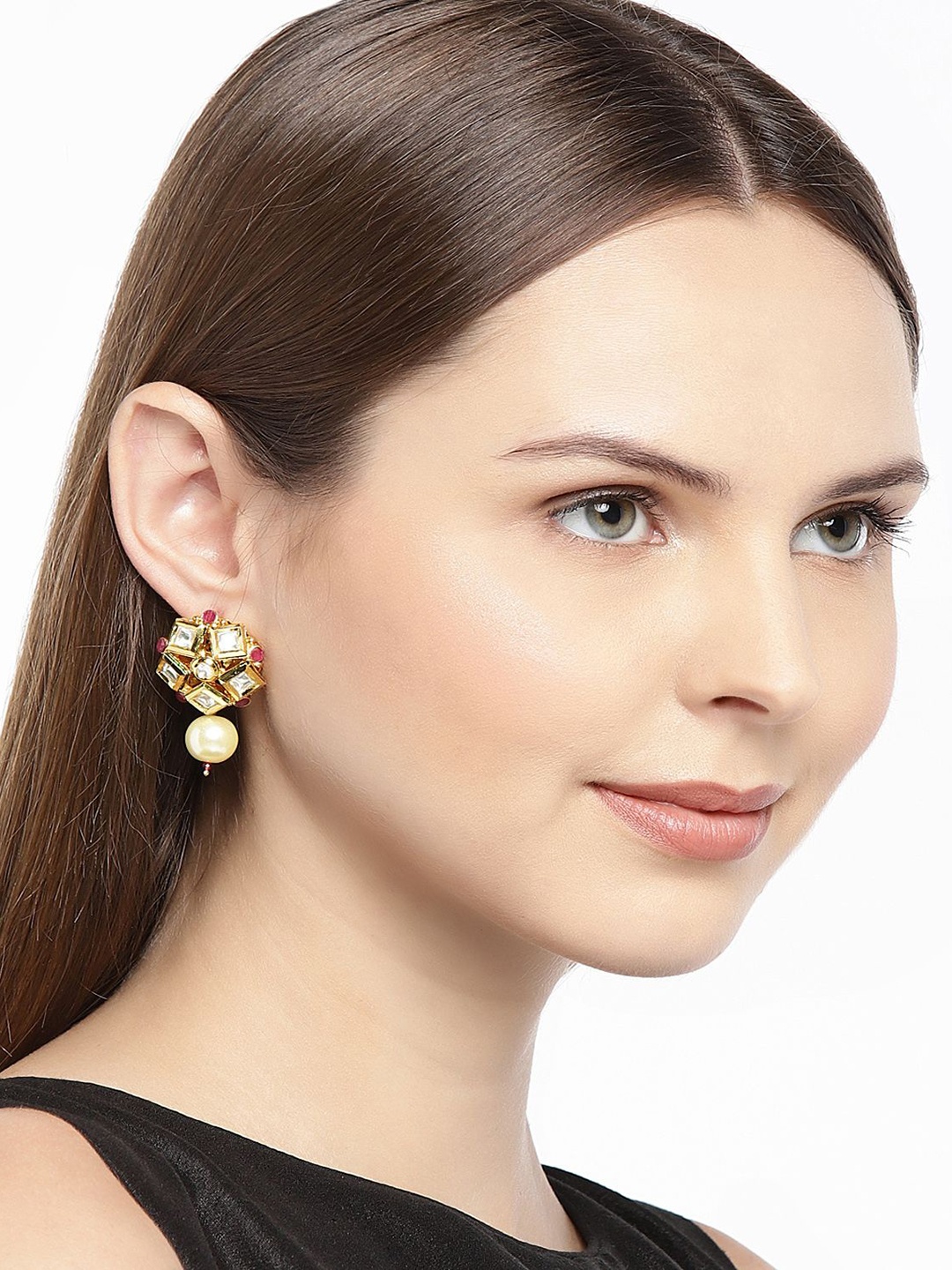 

House of Pataudi Gold-Plated Kundan Studded & Pearls Floral Shaped Drop Earrings