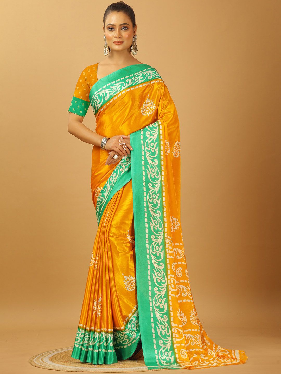 

VIRENDRA TEXTILES Ethnic Motifs Printed Pure Crepe Saree, Yellow