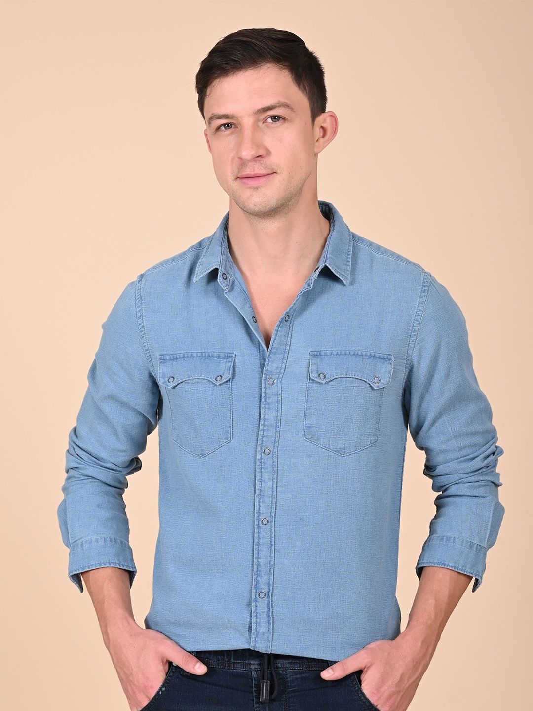 

POE Men Slim Fit Spread Collar Solid Cotton Casual Shirt, Blue