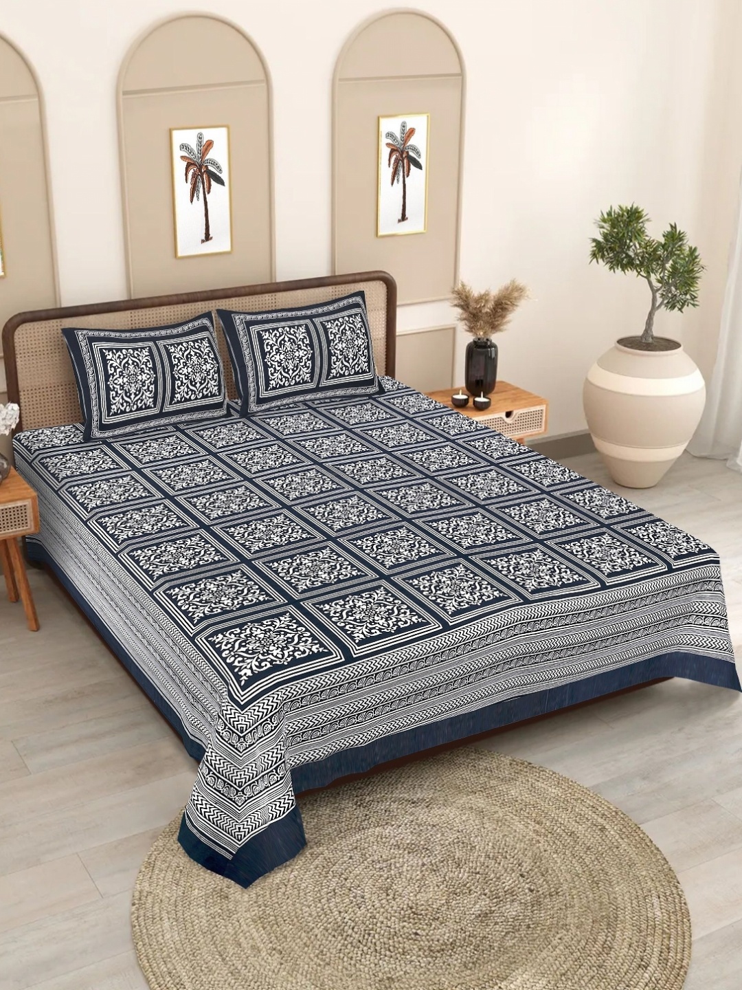 

Texstylers Grey Ethnic Motifs Printed Cotton 186TC Queen Size Bedsheet Set 2.08 m x 2.28 m