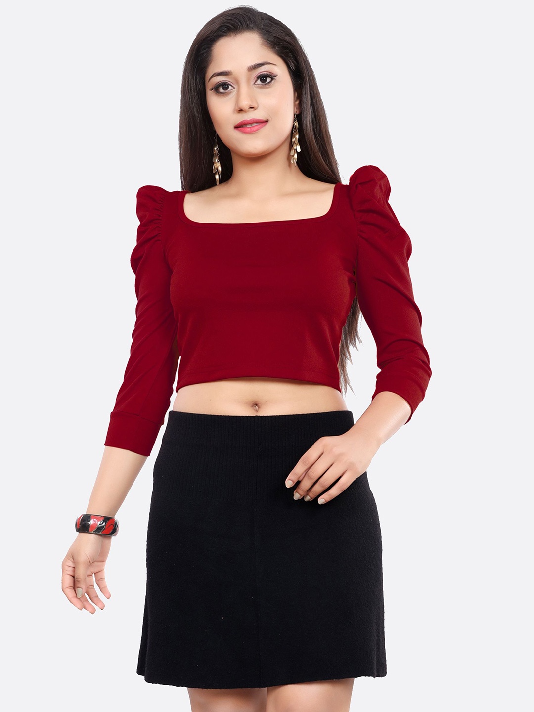 

DressBerry Women Puff Sleeve Square Neck Crop Top, Maroon