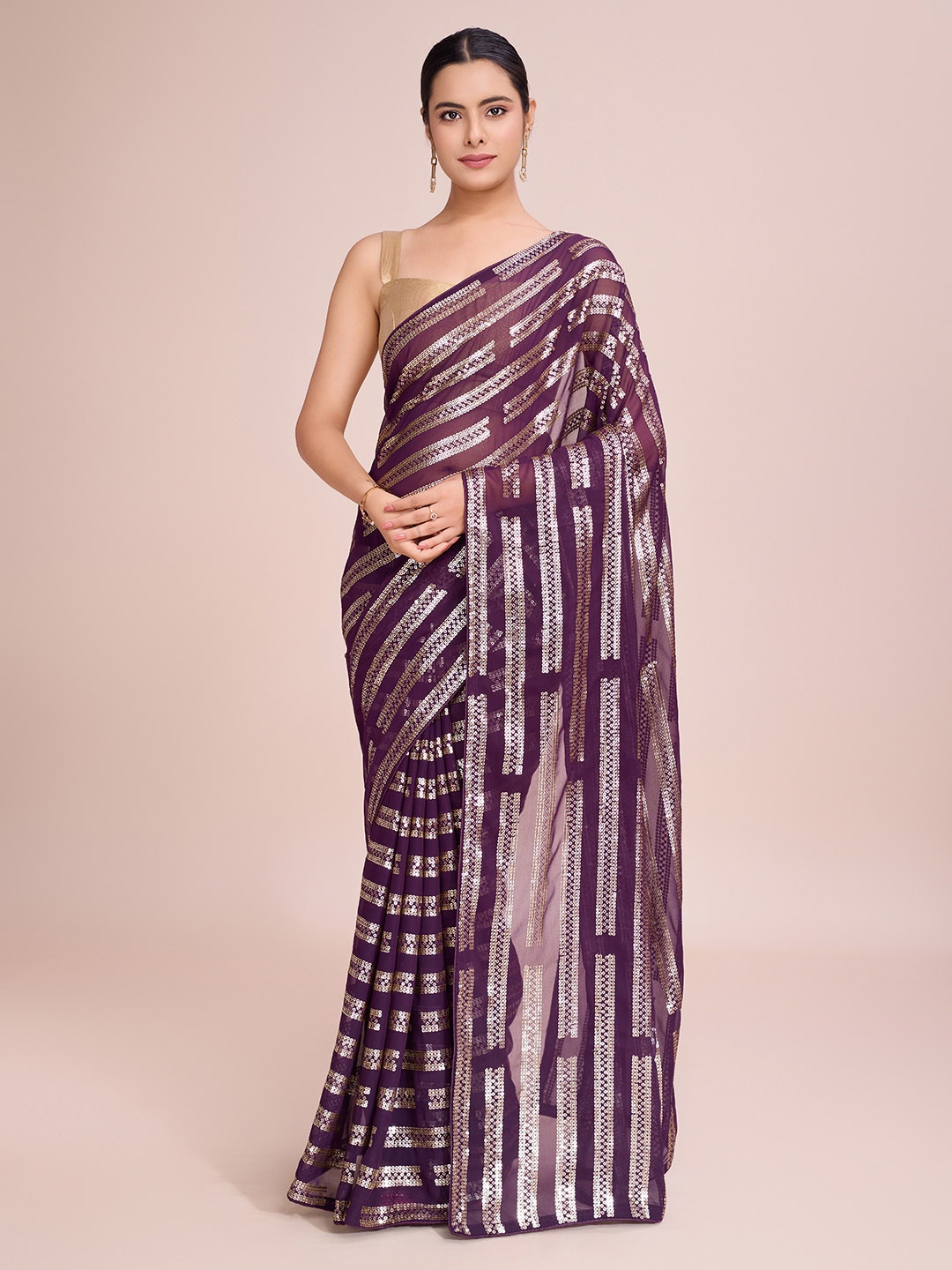 

THE52 Embellished Sequinned Saree With Unstitched Blouse Piece, Purple