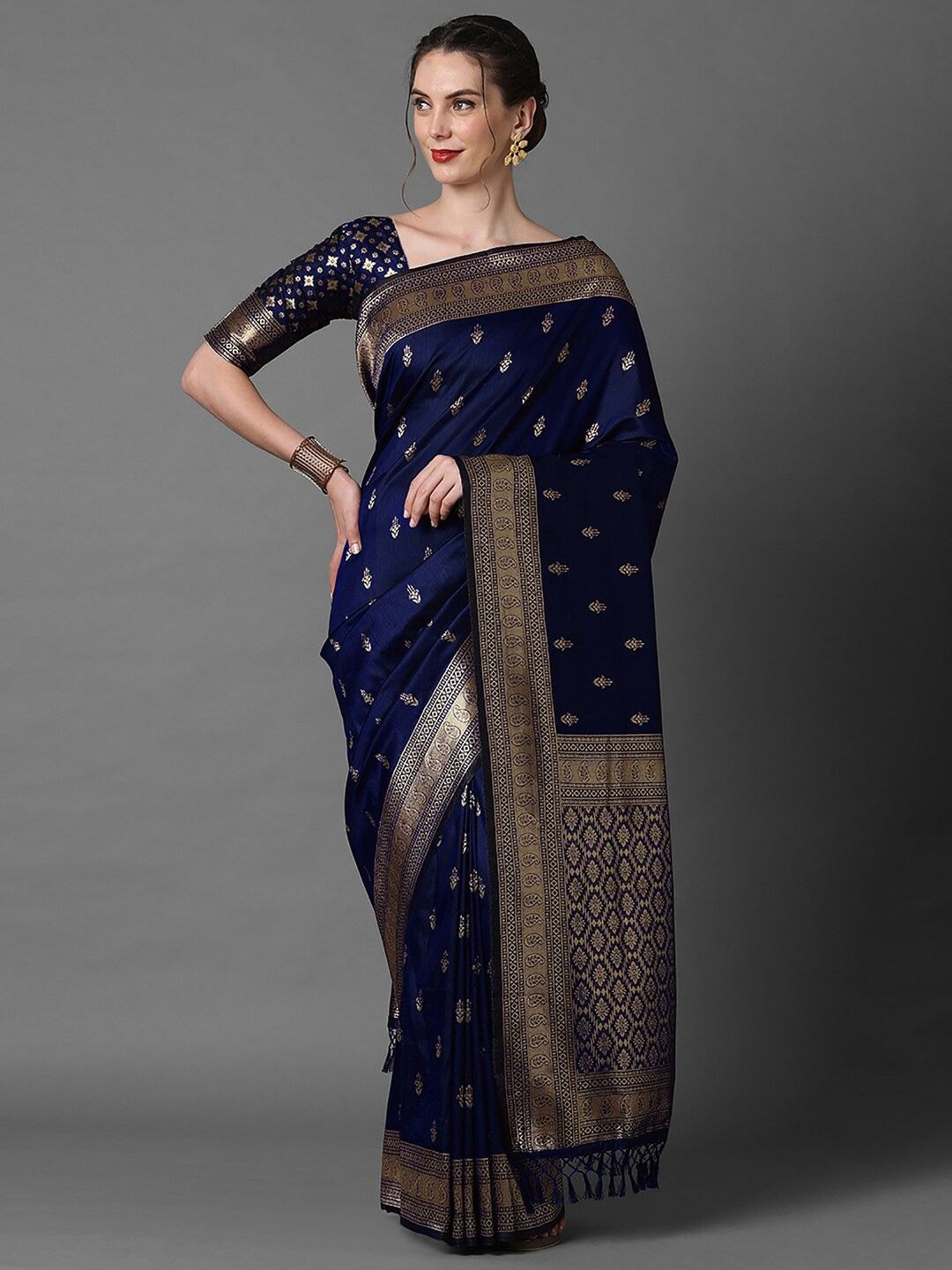 

SILKWEAR Ethnic Motifs Zari Pure Silk Banarasi Saree, Navy blue