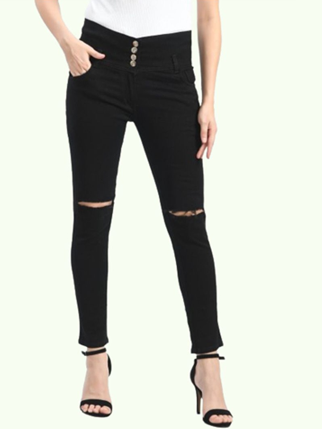 

LINARIA Women Classic Slim Fit Slash Knee Jeans, Black