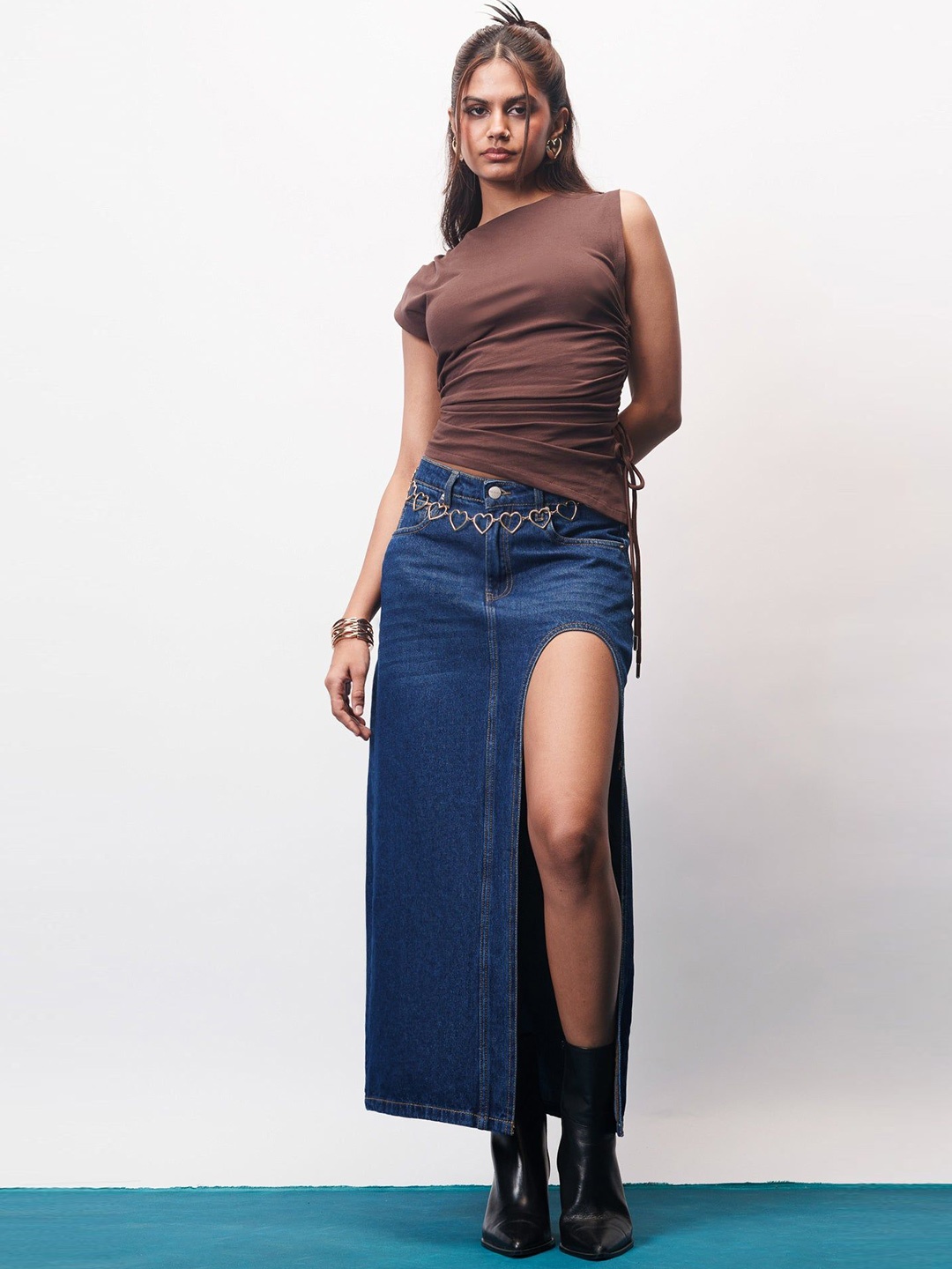

FREAKINS Women High Cut Denim Midi Skirt, Blue