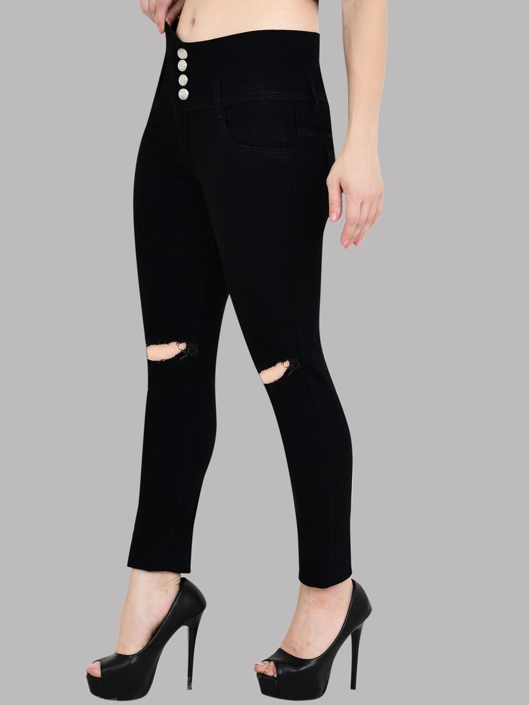 

LINARIA Women Classic Slim Fit Slash Knee Jeans, Black