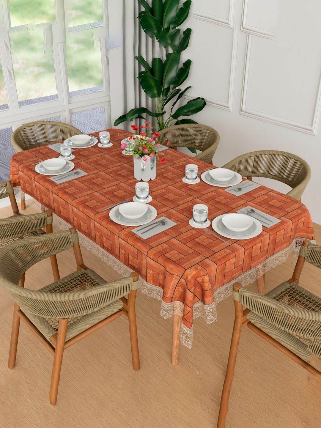 

Myntra Elegant Homes Brown Wooden Check Waterproof 6-Seater 1.52 m x 2.3 m PVC Table Cover