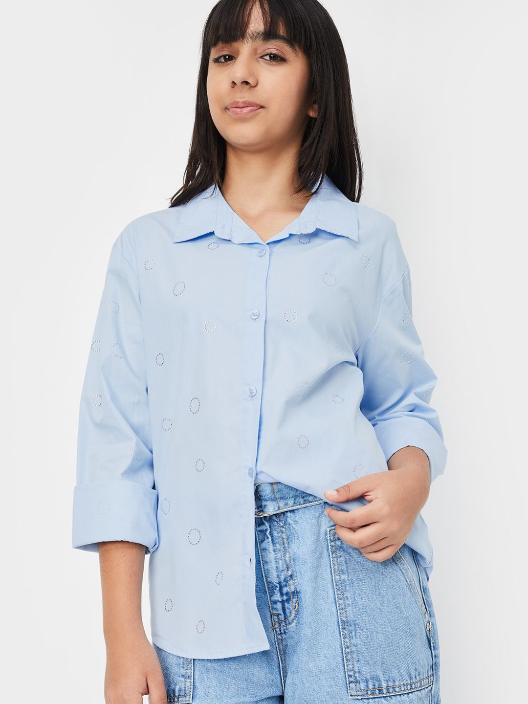 

max Girls Relaxed Fit Spread Collar Solid Cotton Casual Shirt, Blue