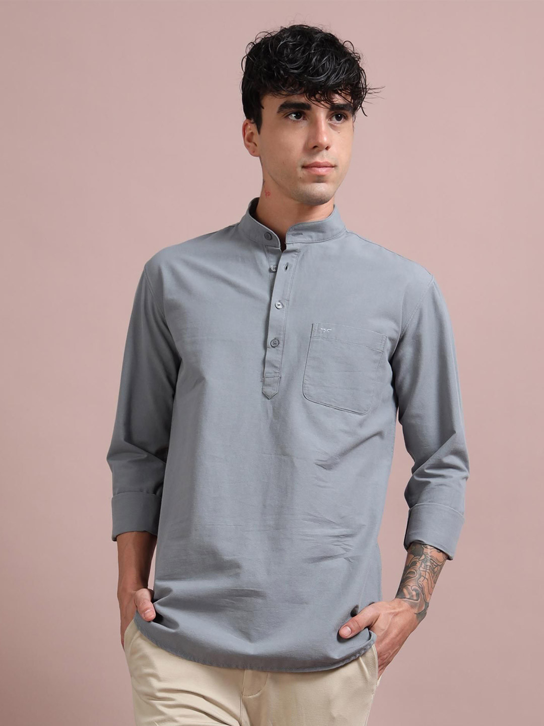 

RIGS AND RAGS Men Classic Fit Mandarin Collar Solid Linen Casual Shirt, Grey