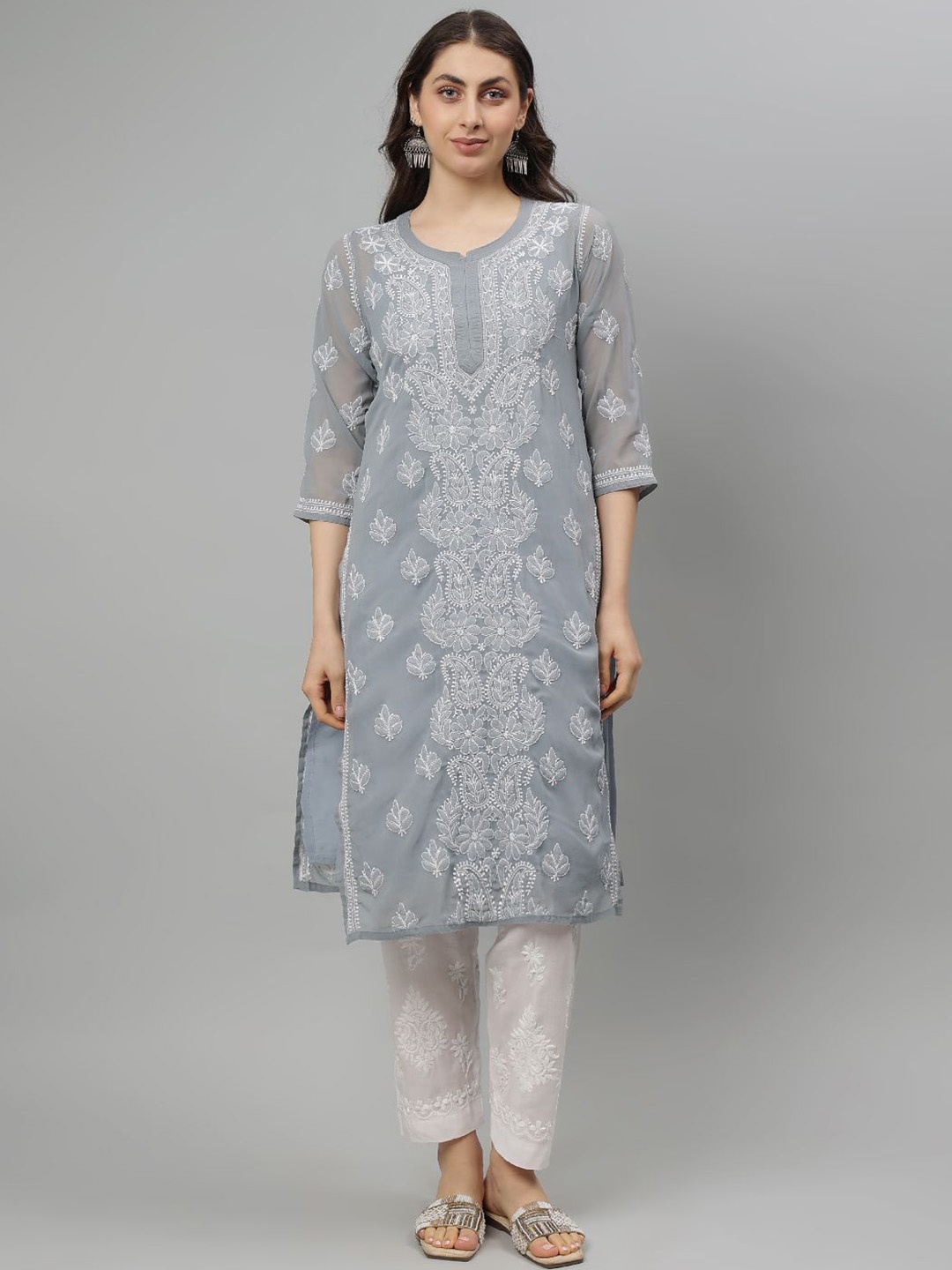 

Seva Chikan Floral Embroidered Lucknowi Chikankari Georgette Straight Kurta, Grey