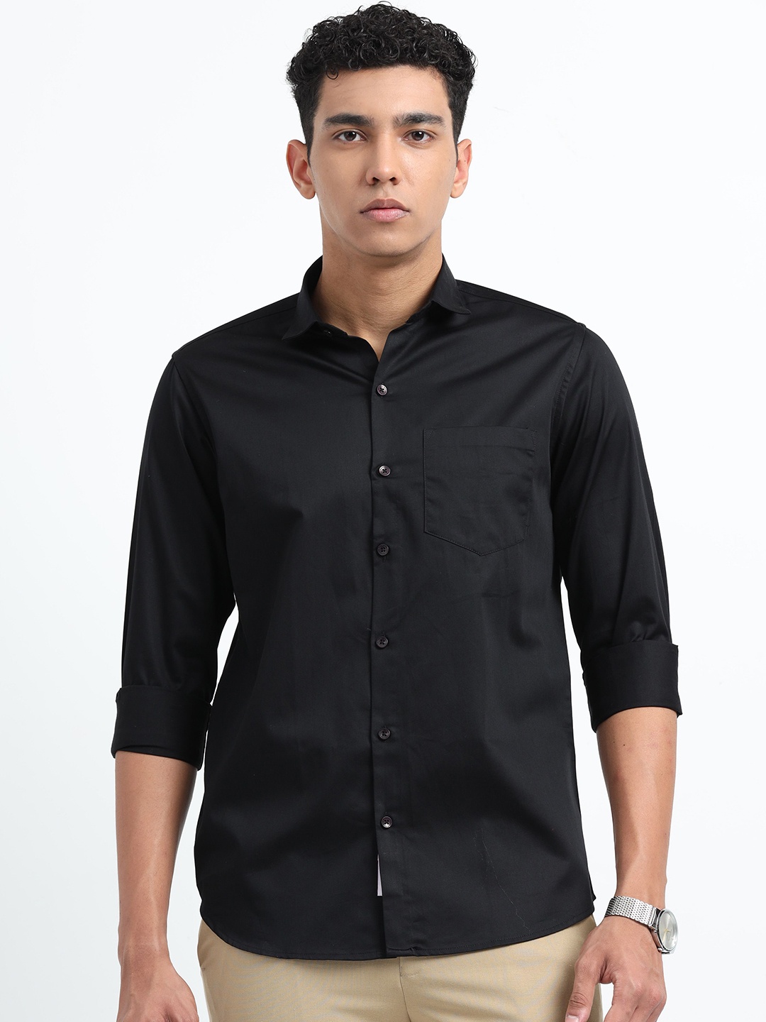 

U.S. PITCHERS Men Smart Slim Fit Spread Collar Solid Satin Casual Shirt, Black