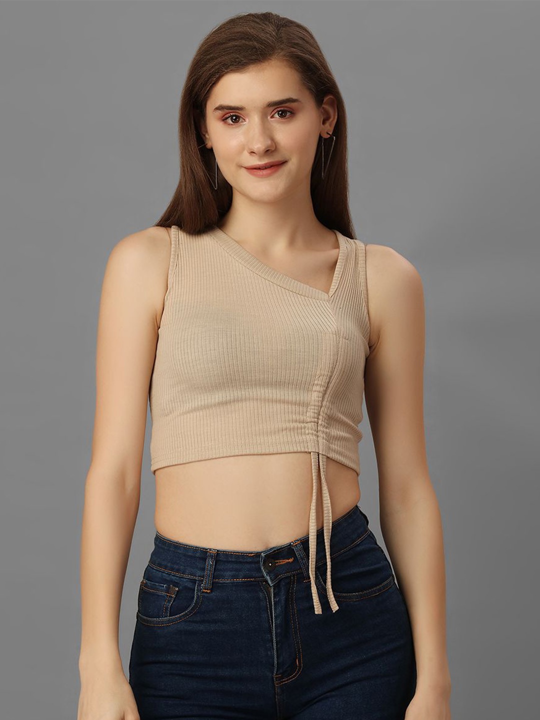 

Sxv Style Women Ribbed V-Neck Crop Tank Top, Beige