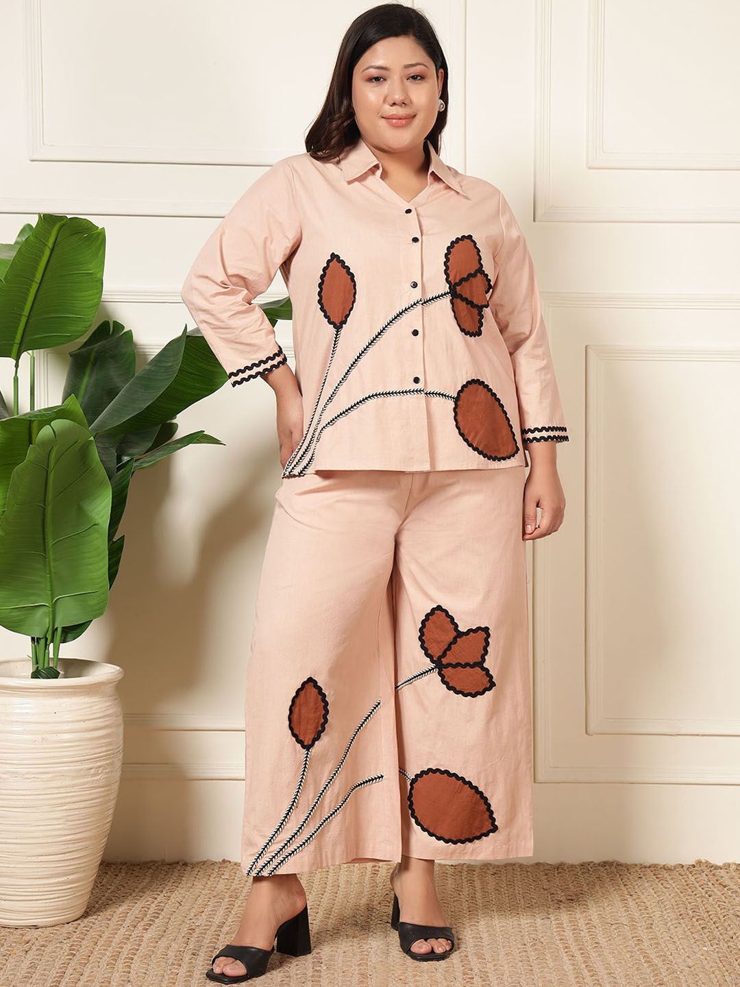 

DEEBACO Plus Size Embroidered Pure Cotton Shirt With Trouser, Beige