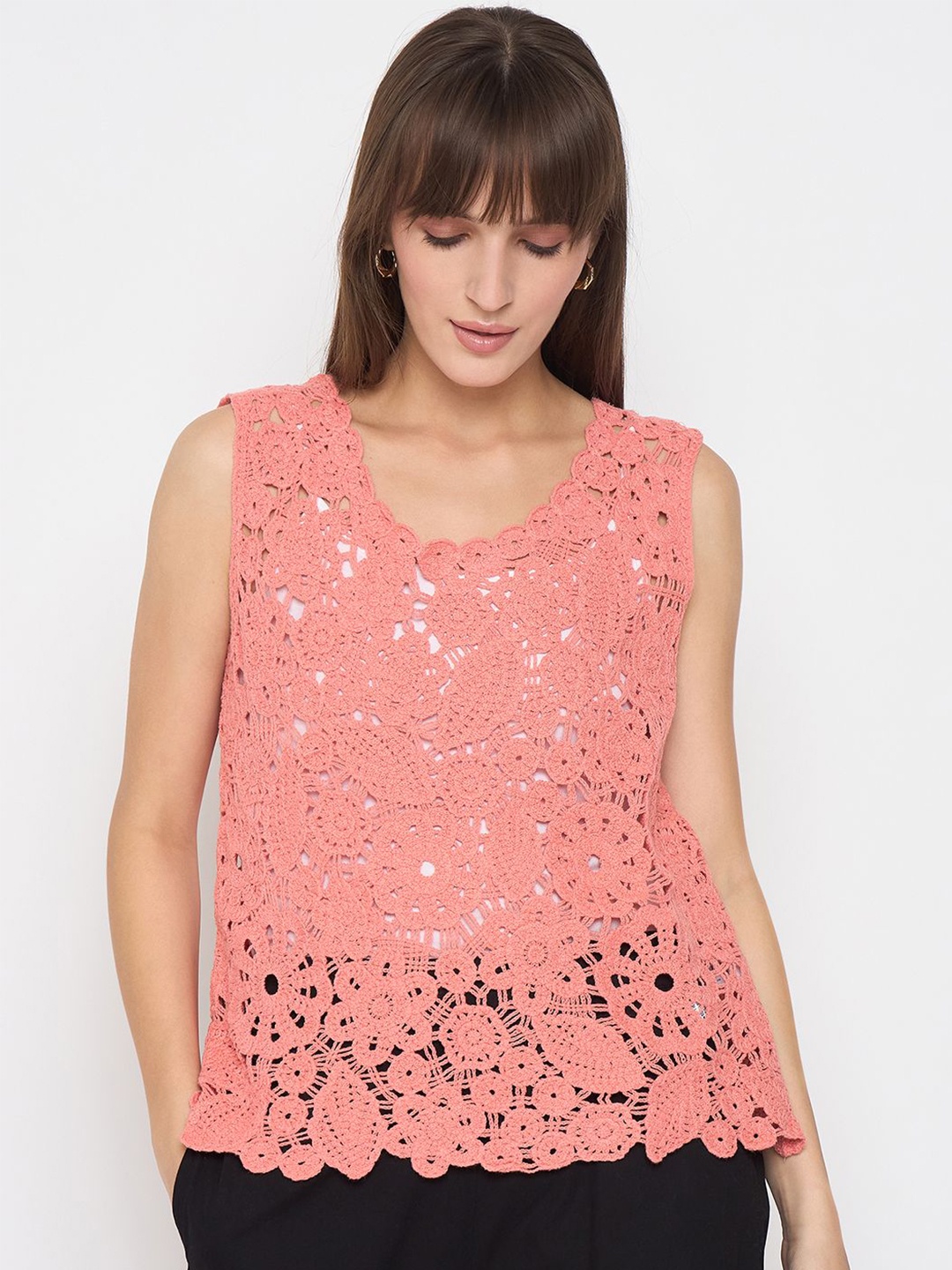 

Madame Self Design Sleeveless Cotton Top, Coral
