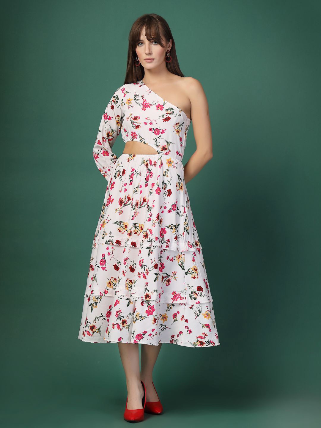 

DressBerry Women Floral Print One Shoulder Tiered Flounce Hem Fit and Flare Midi Dress, White