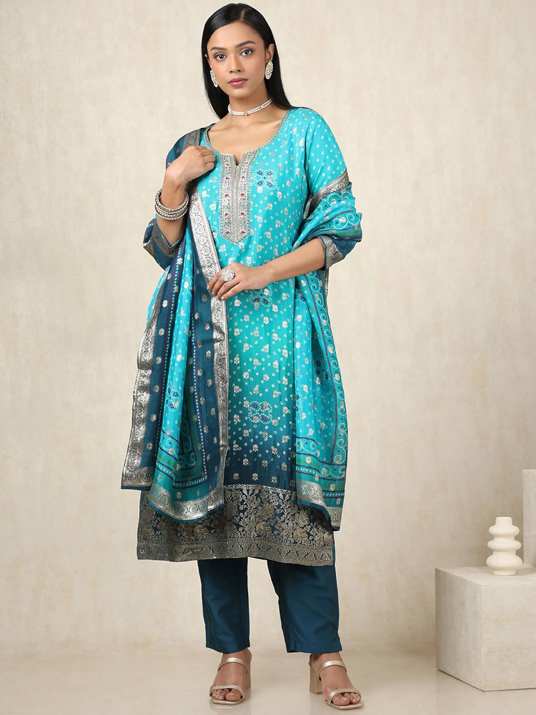 

Soch Bandhani Printed Thread Work Brocade Straight Kurta With Trousers And Dupatta, Turquoise blue