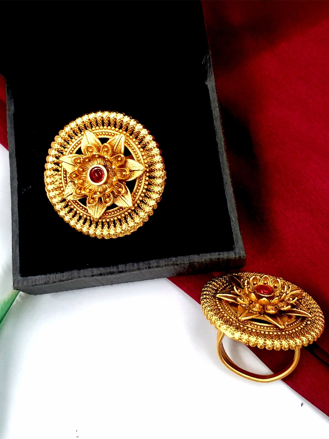 

JYONA Gold-Plated Artificial Stone-Studded Rajwadi Look Adjustable Finger Ring