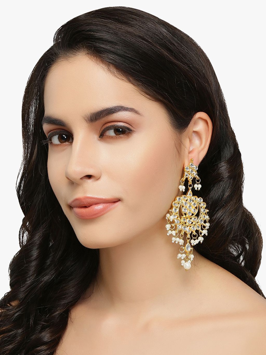 

House of Pataudi Gold-Plated Kundan Studded & Pearls Beaded Contemporary Drop Earrings