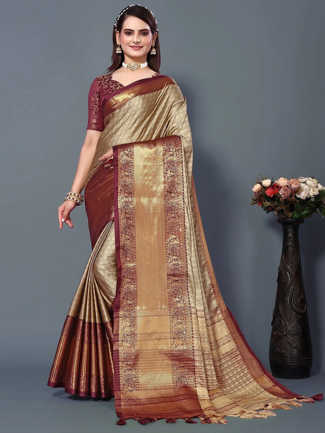 

SILKWEAR Ethnic Motifs Zari Narayan Peth Saree, Beige