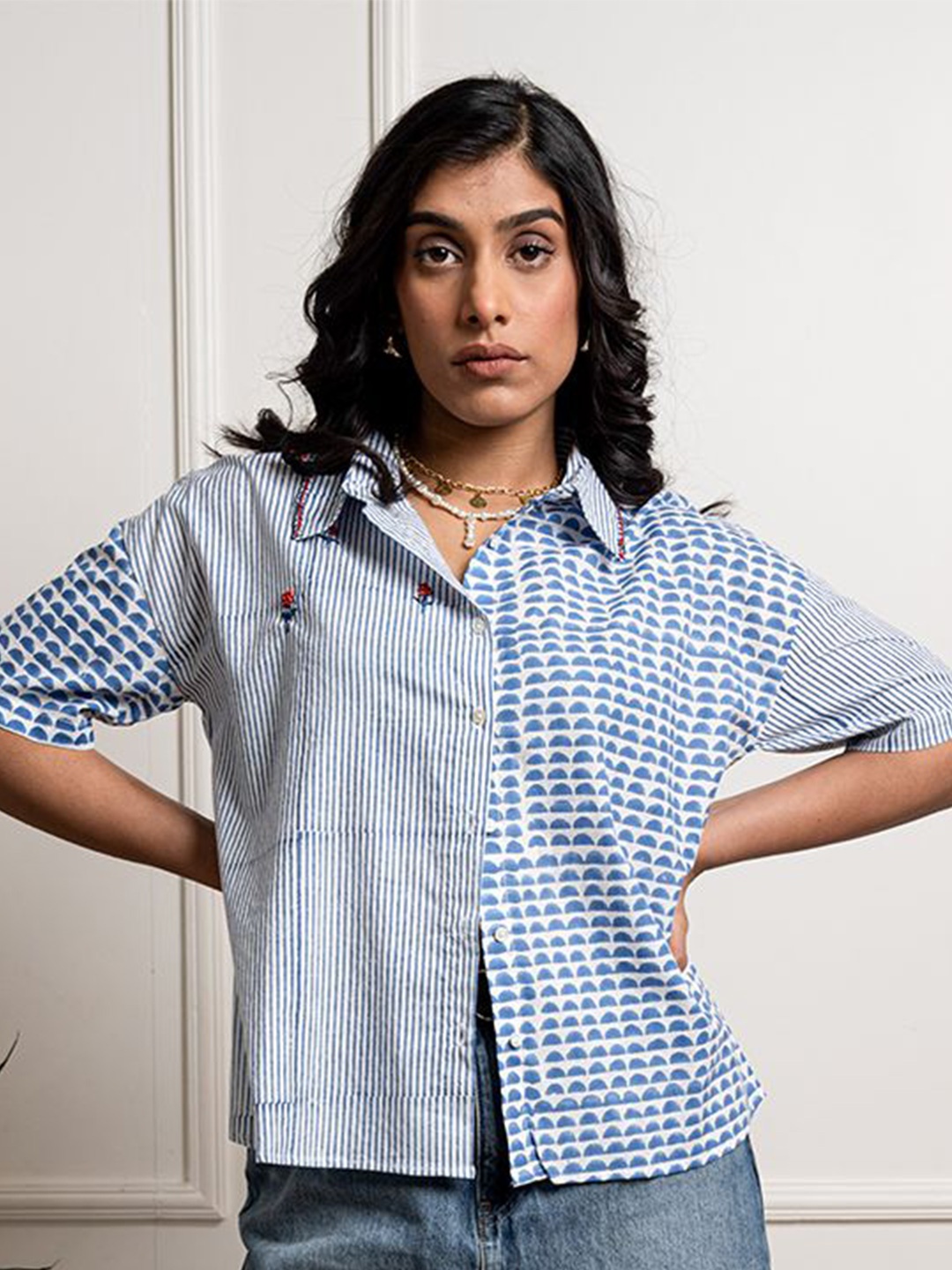 

WildMoss Women Comfort Boxy Fit Spread Collar Gingham Checked Cotton Casual Shirt, Blue