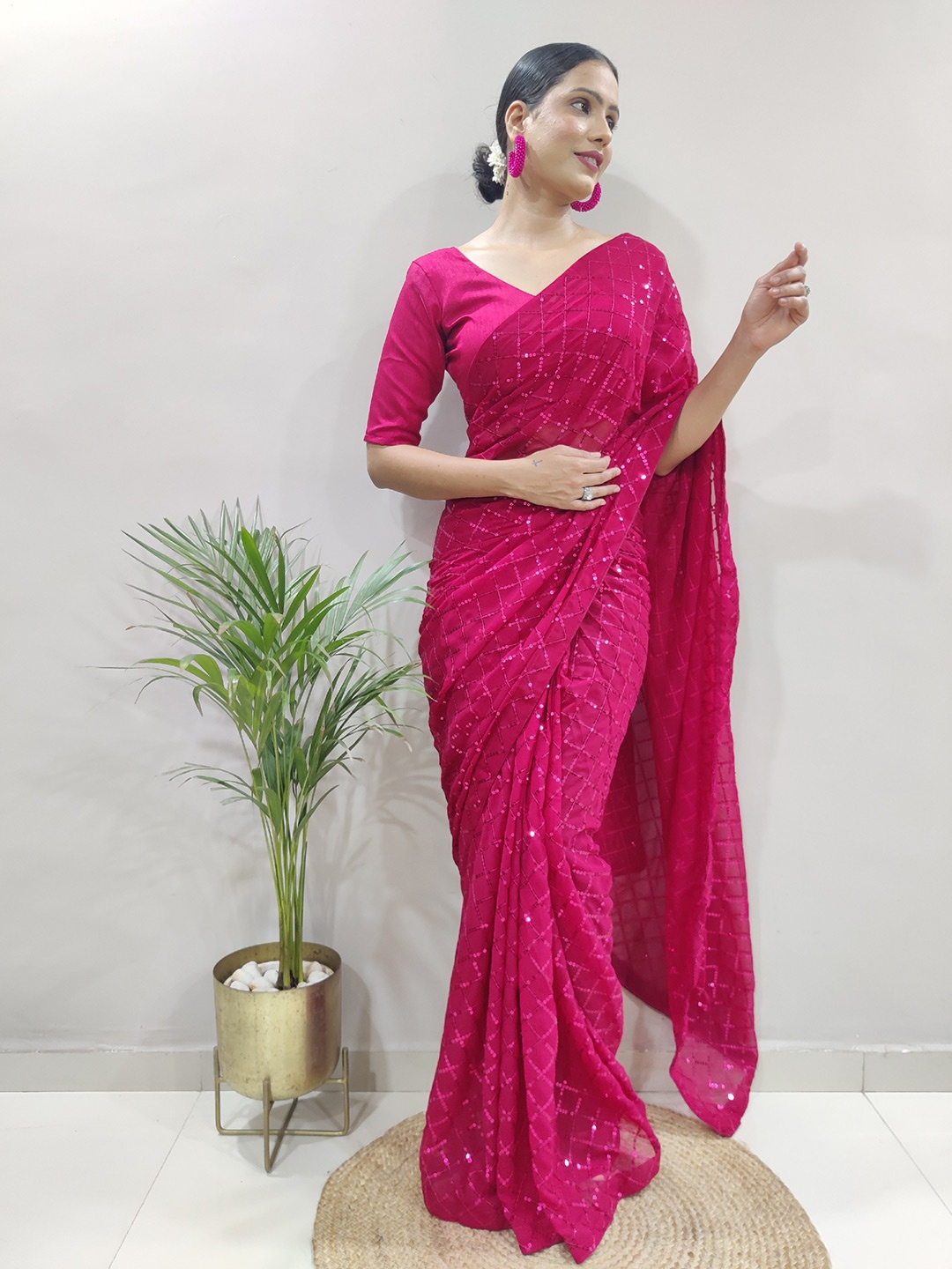 

THE52 Embellished Sequinned Georgette Saree, Pink