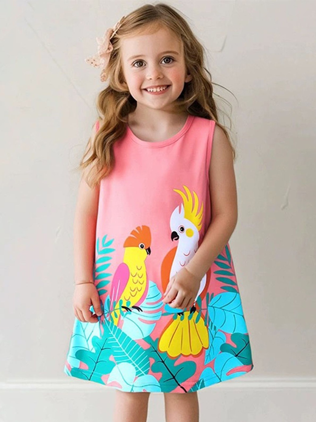 

LULU & SKY Girl Tropical Printed Sleeveless Pure Cotton A-Line Dress, Pink