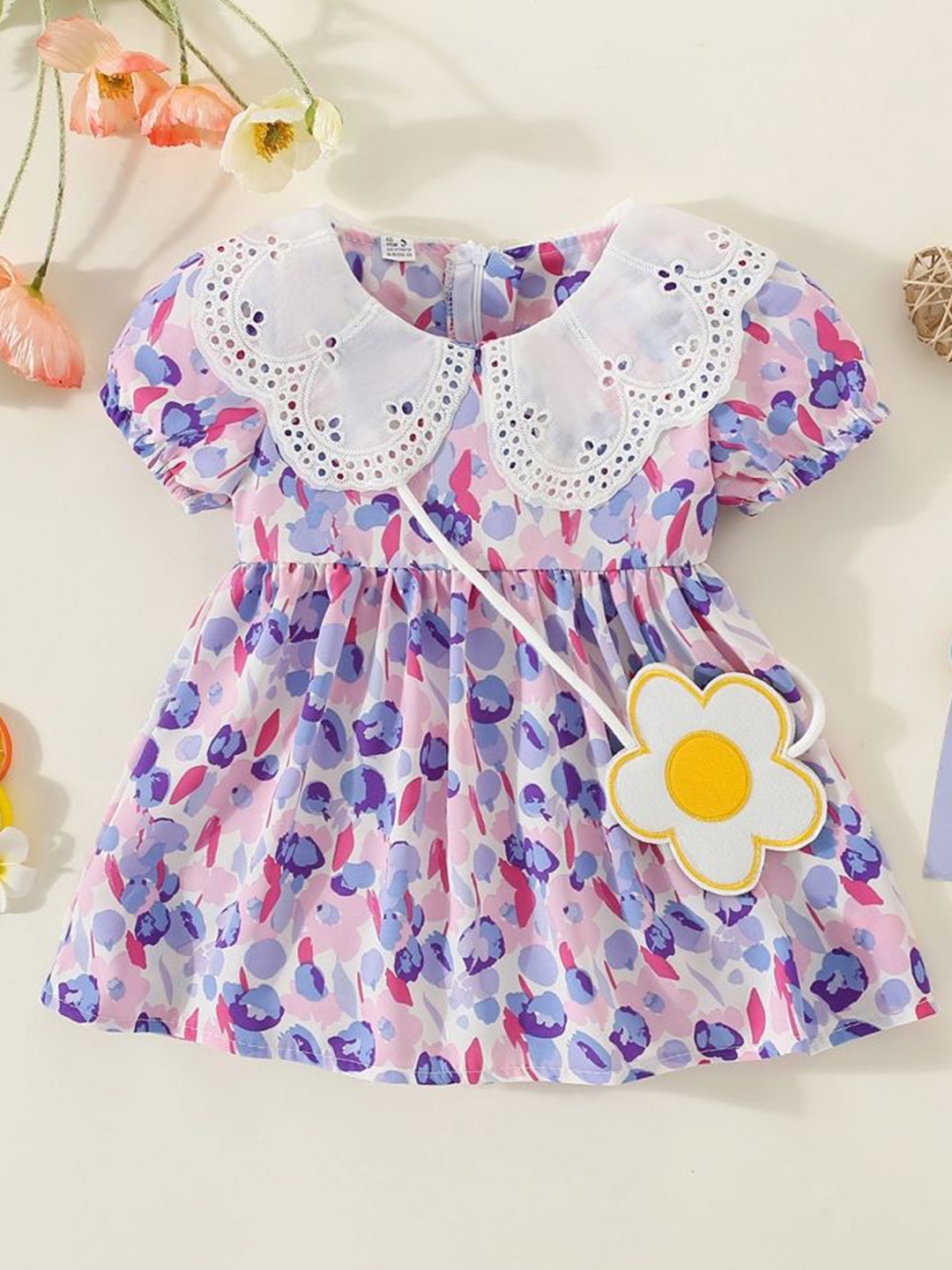 

LULU & SKY Girls Puff Sleeves Fit & Flare Dress With Sling Bag, Purple