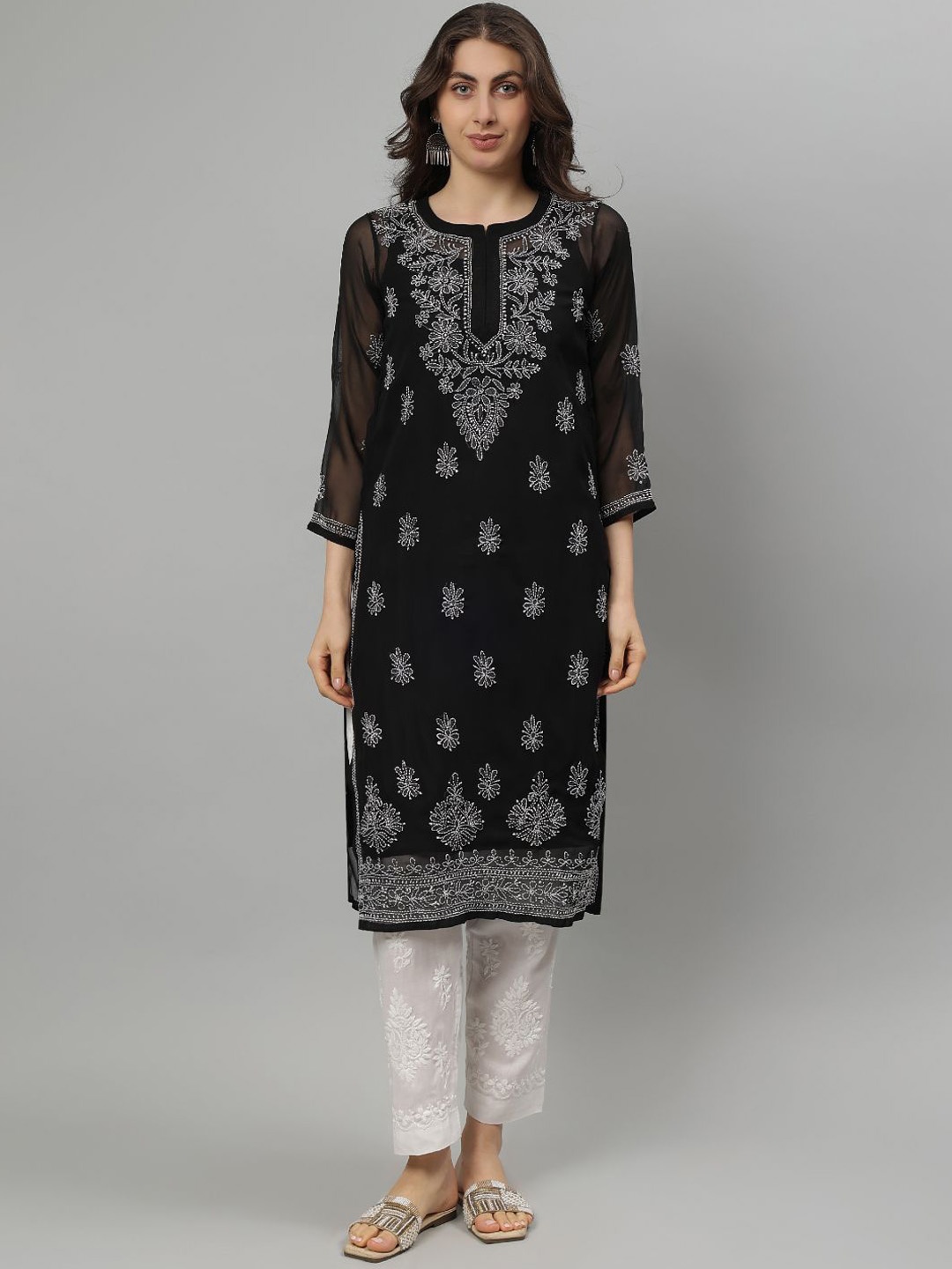 

Seva Chikan Floral Embroidered Lucknowi Chikankari Georgette Straight Kurta, Black