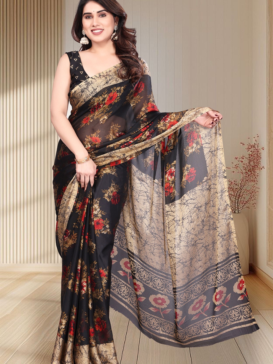 

SUPERLAXMI Floral Pure Chiffon Saree, Black