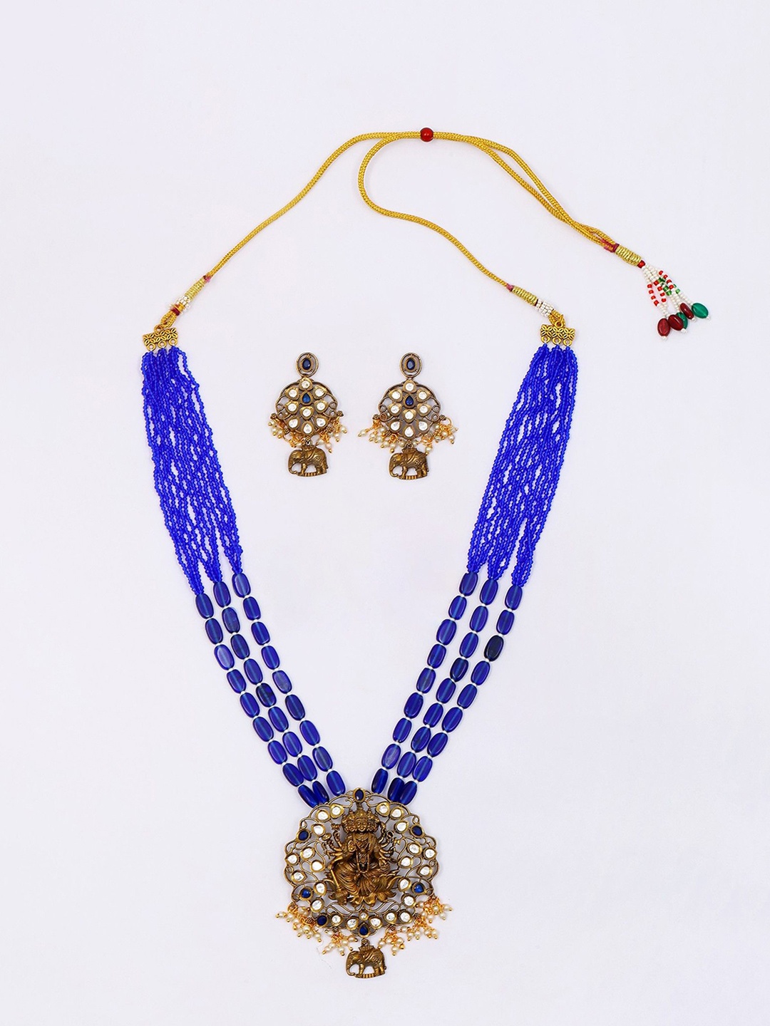 

Exotic India Gold-Plated Floral Stone Studded Necklace Set With Earrings & Mangtika Set