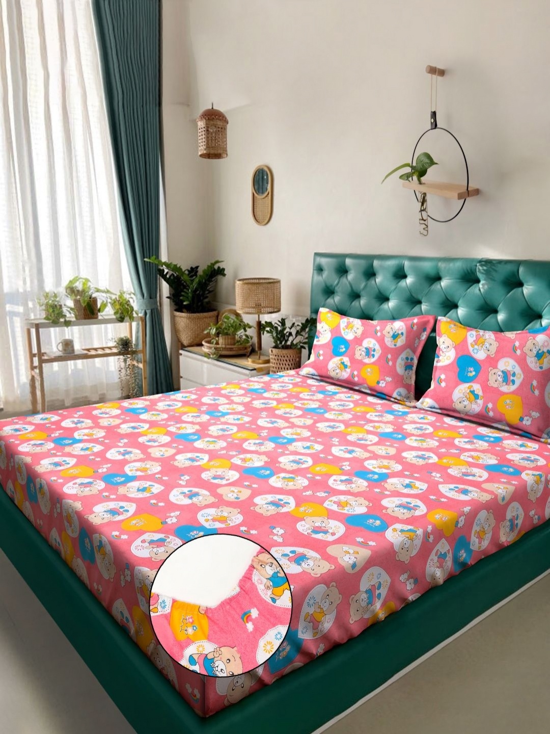 

KLOTTHE Pink & Blue Printed Pure Cotton 400 TC Double Bedsheet Set 2.5 m x 2.25 m