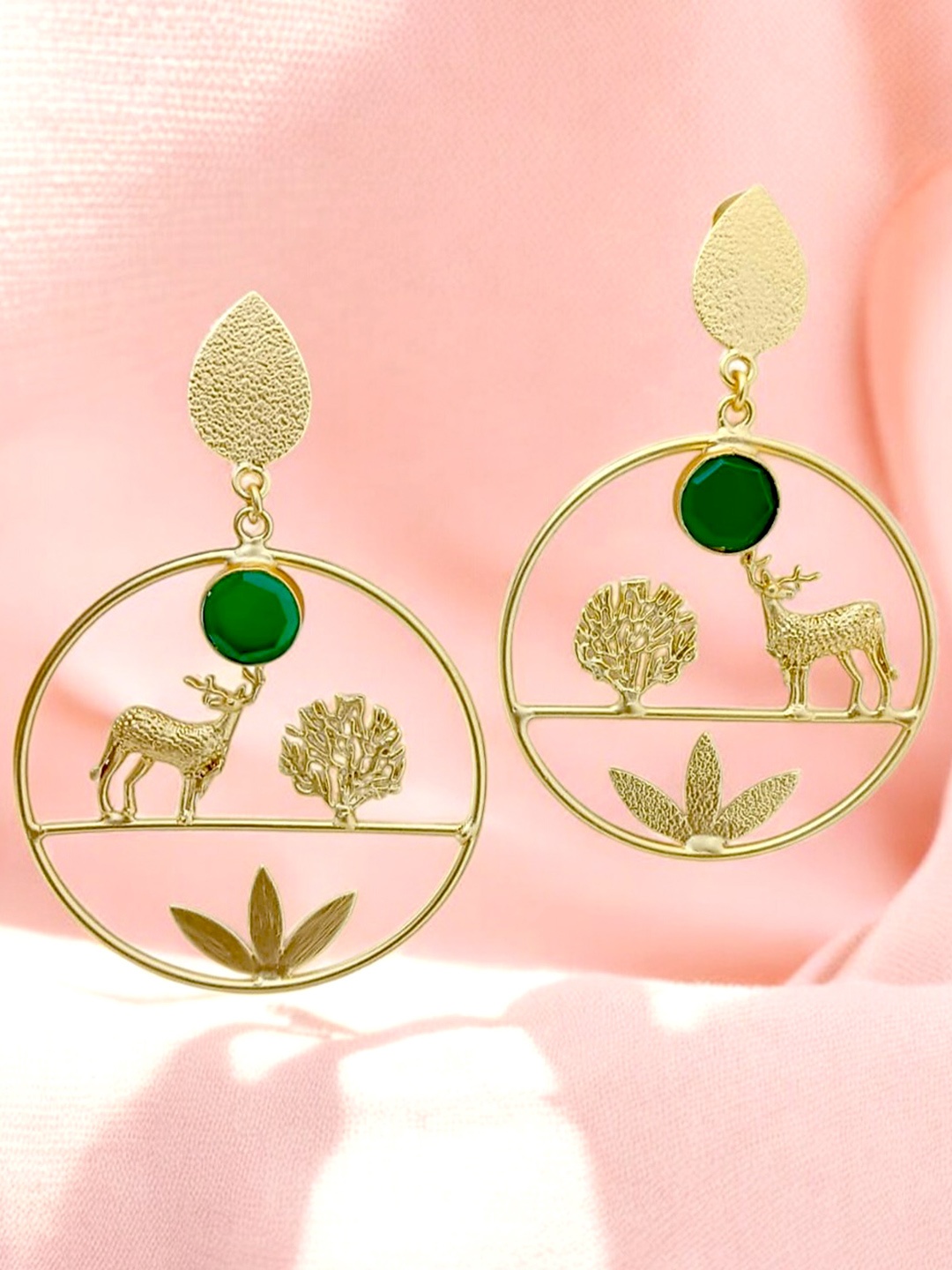 

TISHUL JEWELS Gold-Plated Artificial Stones Studded Circular Drop Earrings, Green
