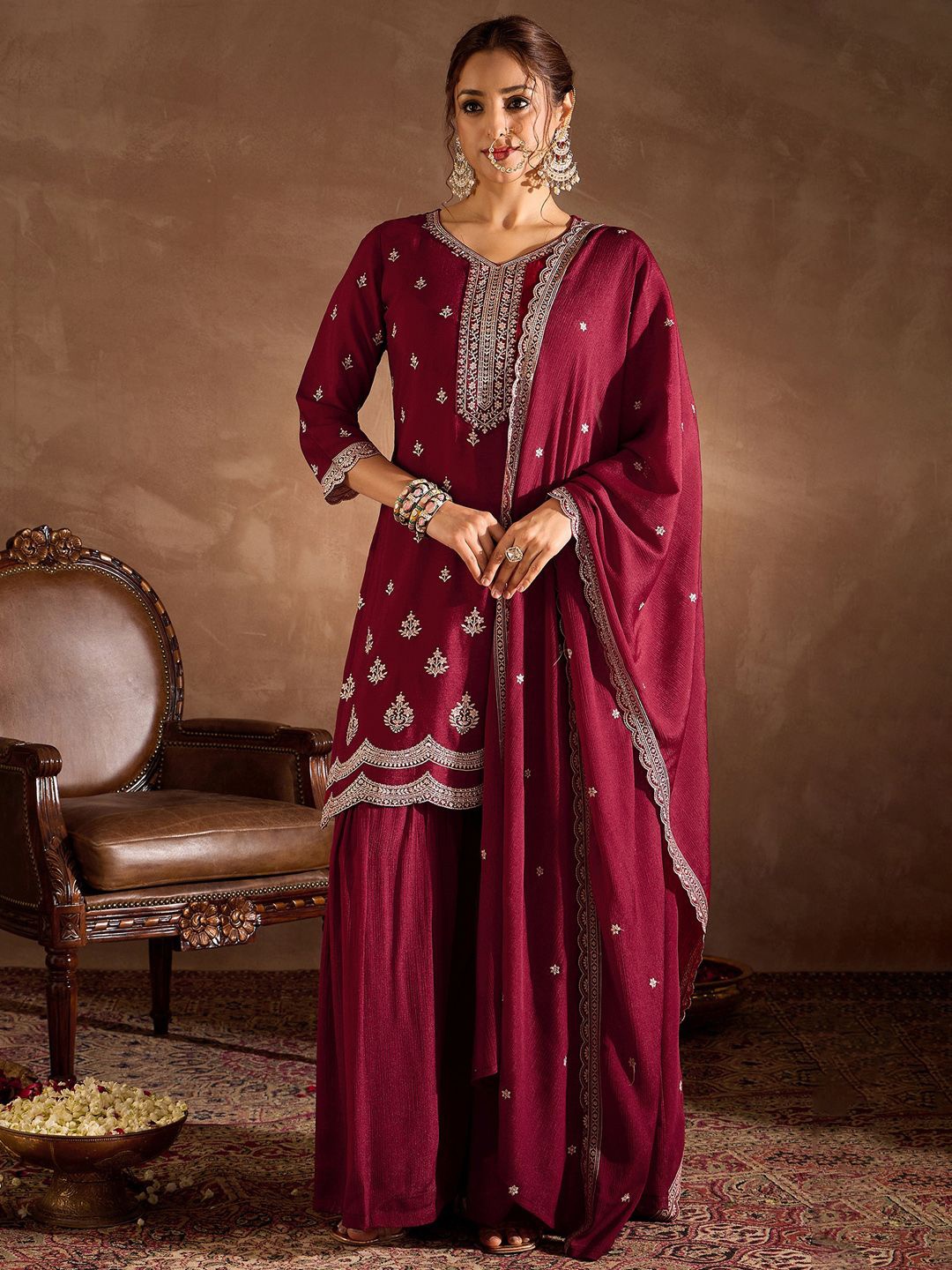 

Indo Era Ethnic Motifs Embroidered Sequinned Straight Kurta With Sharara And Dupatta, Maroon